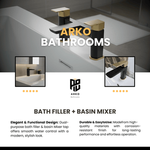 ARKO Bath and Basin Tap Set Waterfall Mixer Taps with Pop-Up Waste – Black & Brass