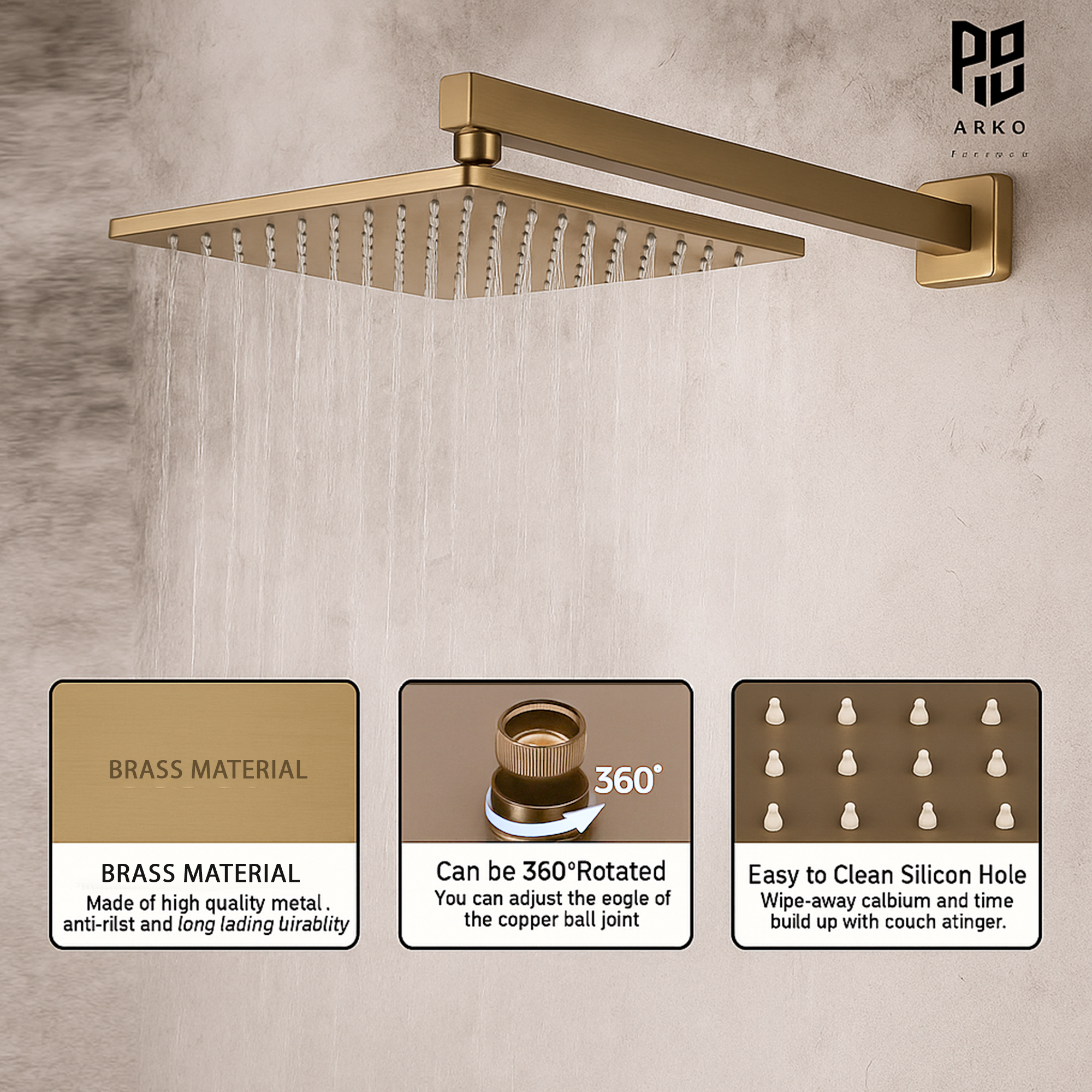 ARKO Square Concealed Thermostatic Shower Mixer 2 Dial Twin Head with Valve, Handset & Shower Waste – Brass