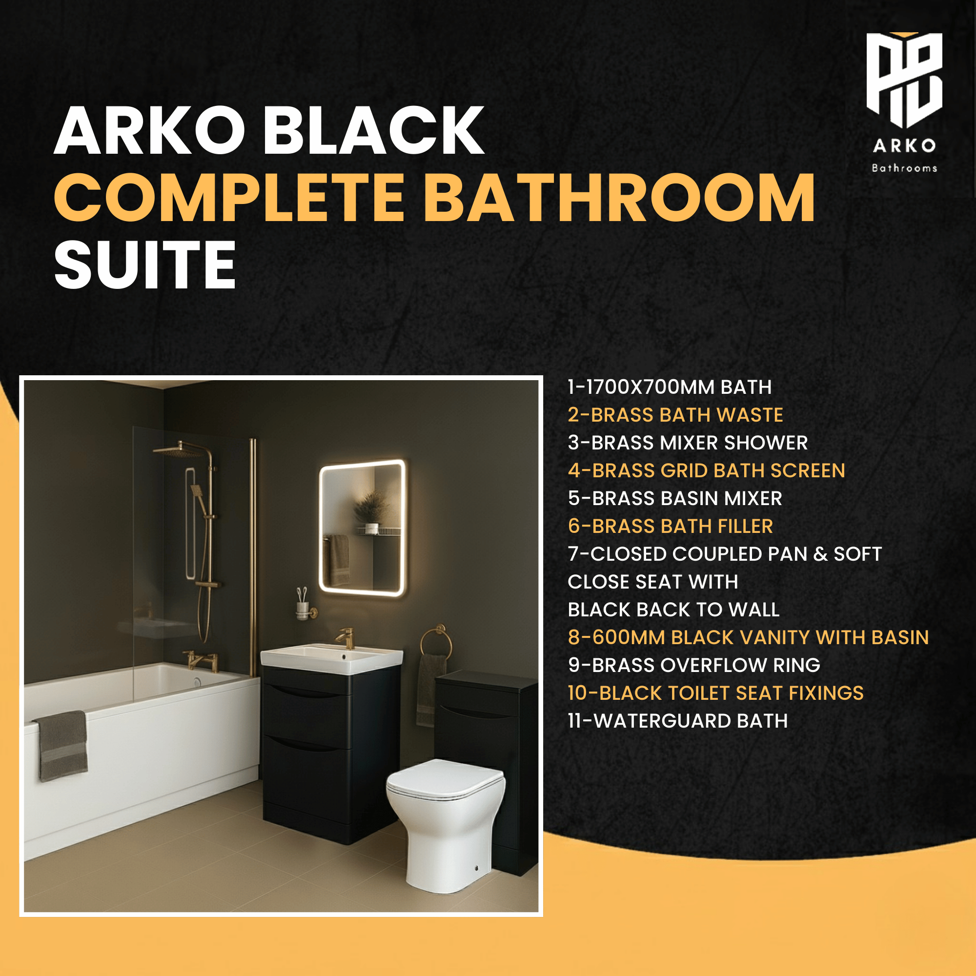 Arko Vista Complete Bathroom Suite -  Brass
