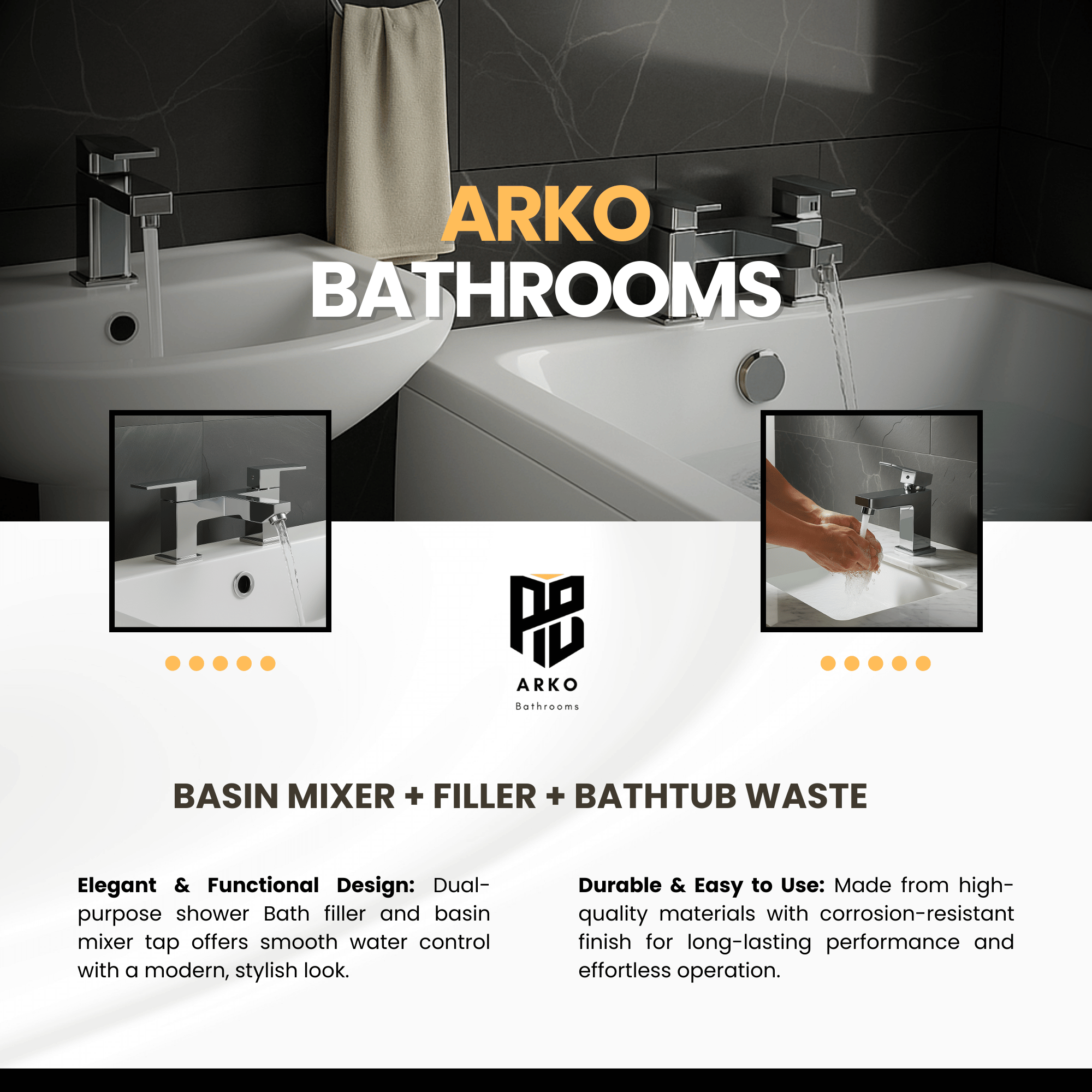 Arko Verda Bath and Basin Mixer Tap with Bath Waste Set - Chrome