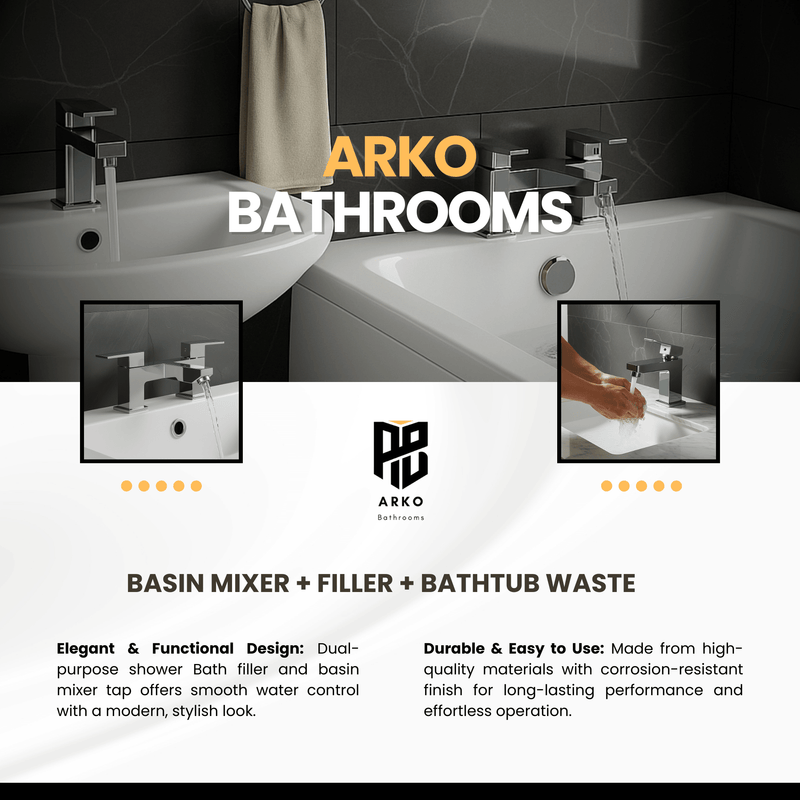 Arko Verda Bath and Basin Mixer Tap with Bath Waste Set - Chrome