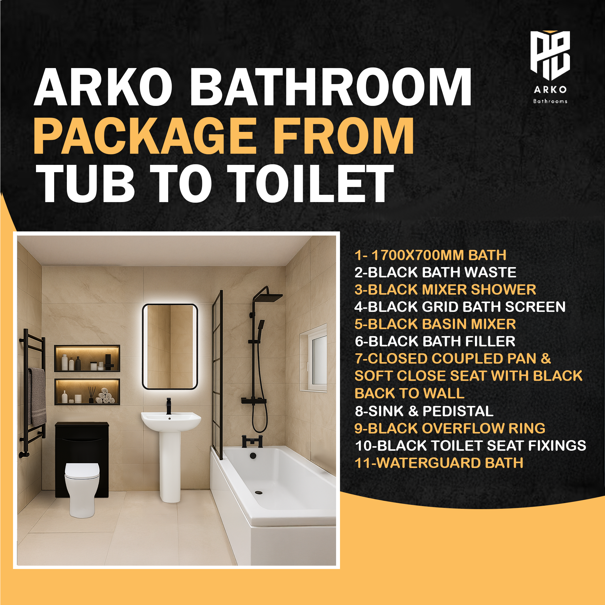 Arko Vista Complete Bathroom Suite -  Black