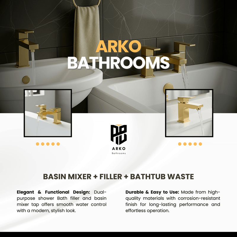 Arko Waterfall Bath and Basin Mixer Tap with Bath Waste Set - Brass