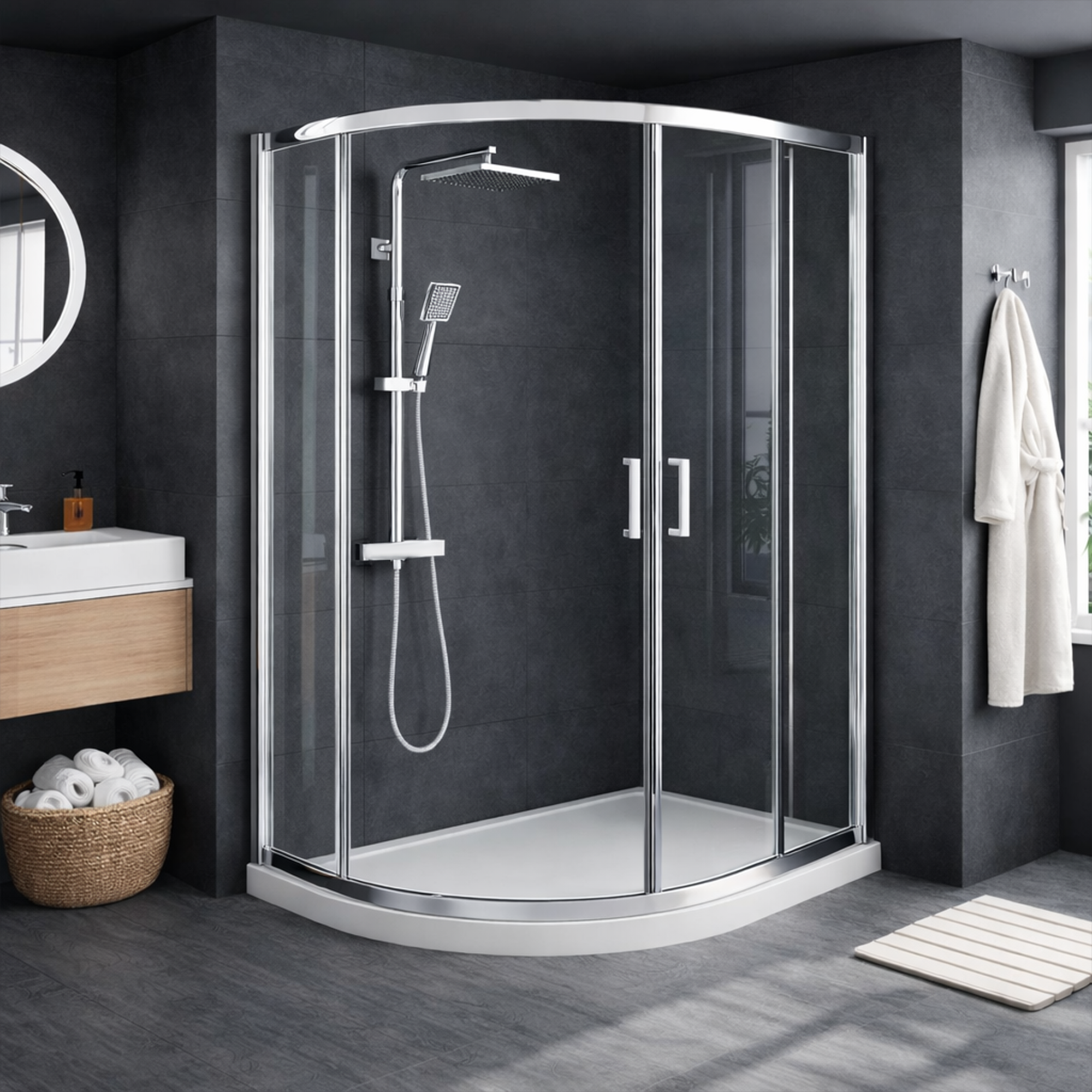 ARKO Square Rainfall Shower System with Handheld Spray & Curved Glass Sliding Shower Enclosure - Chrome
