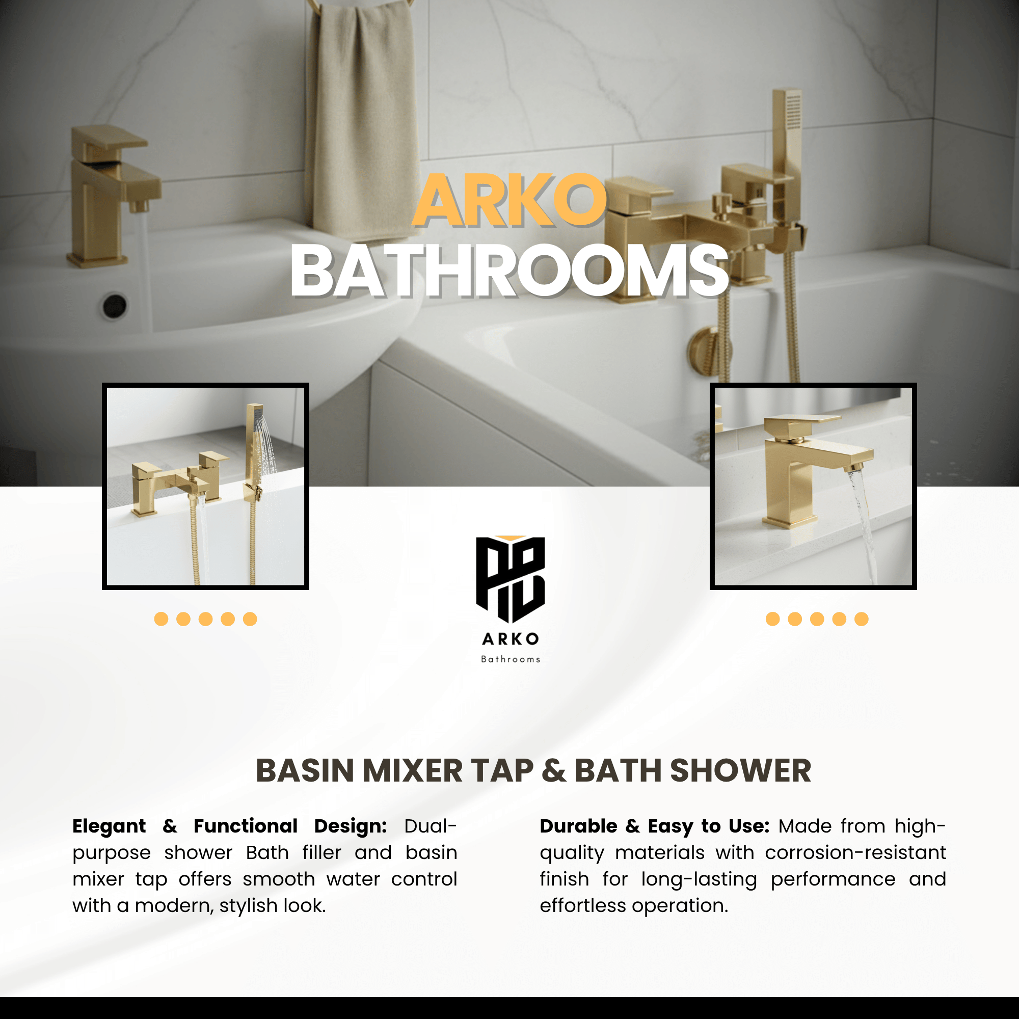 ARKO Verda Bath Shower & Basin Mixer Tap Set – Brass