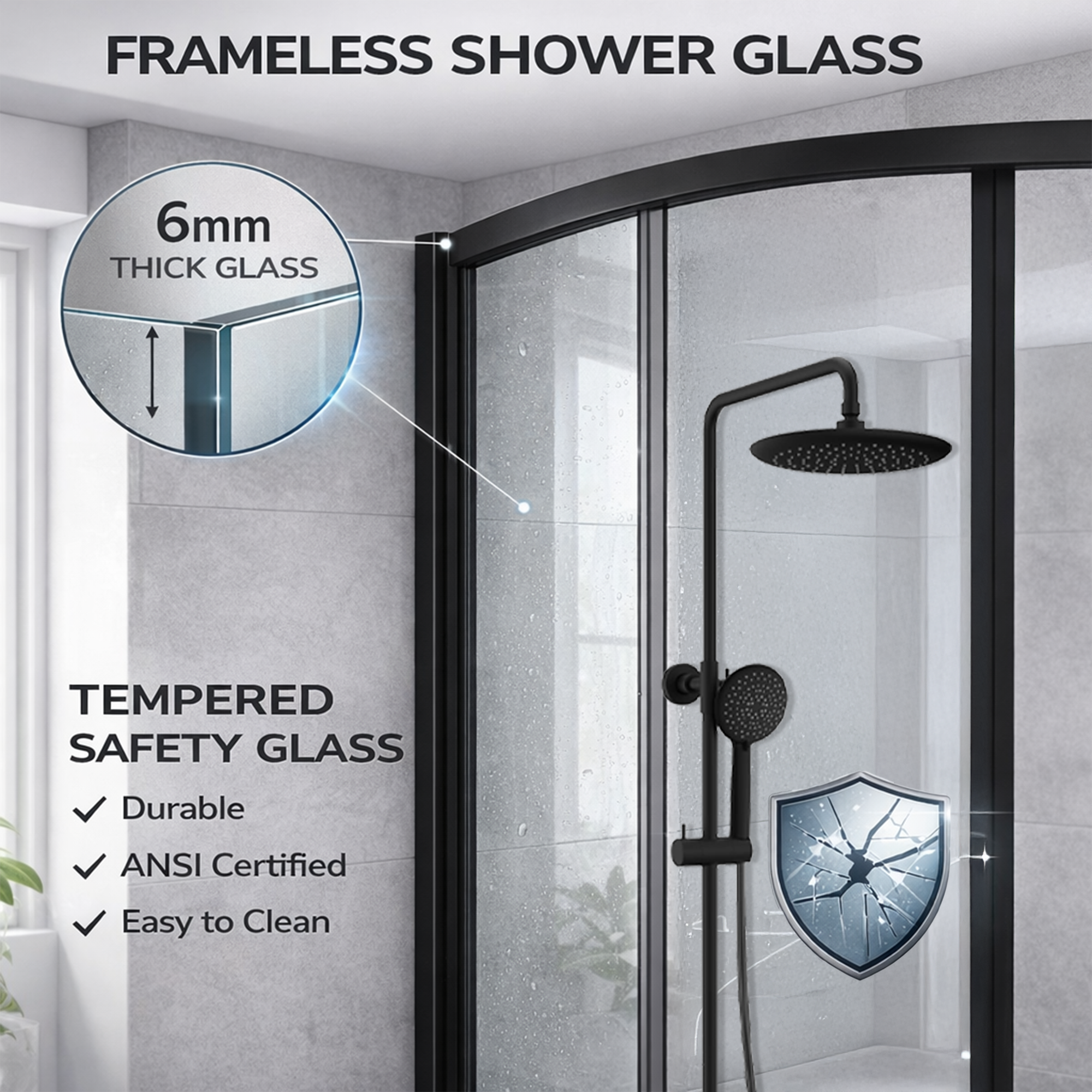 ARKO Round Rainfall Shower System with Handheld Spray & Curved Glass Sliding Shower Enclosure with Tray  - Matte Black