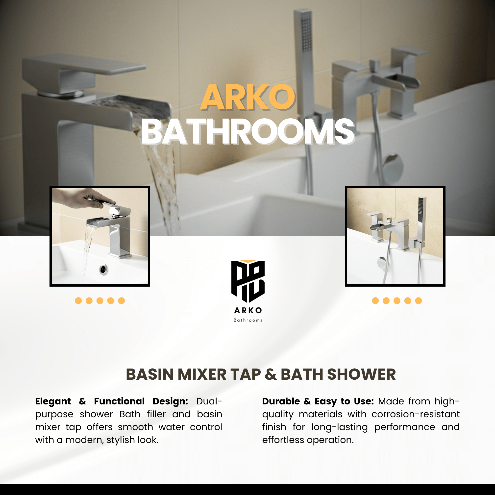 ARKO Waterfall Bath Shower & Basin Mixer Tap Set – Chrome
