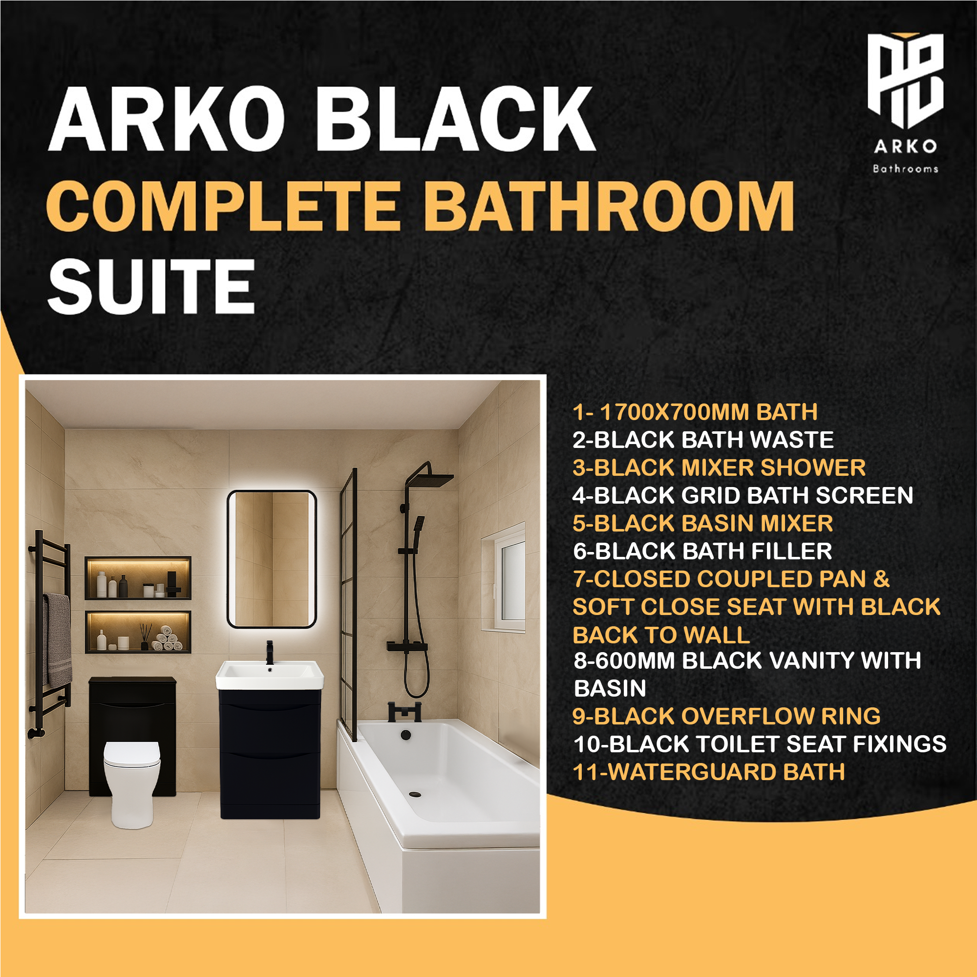 Arko Vista Complete Bathroom Suite -  Black