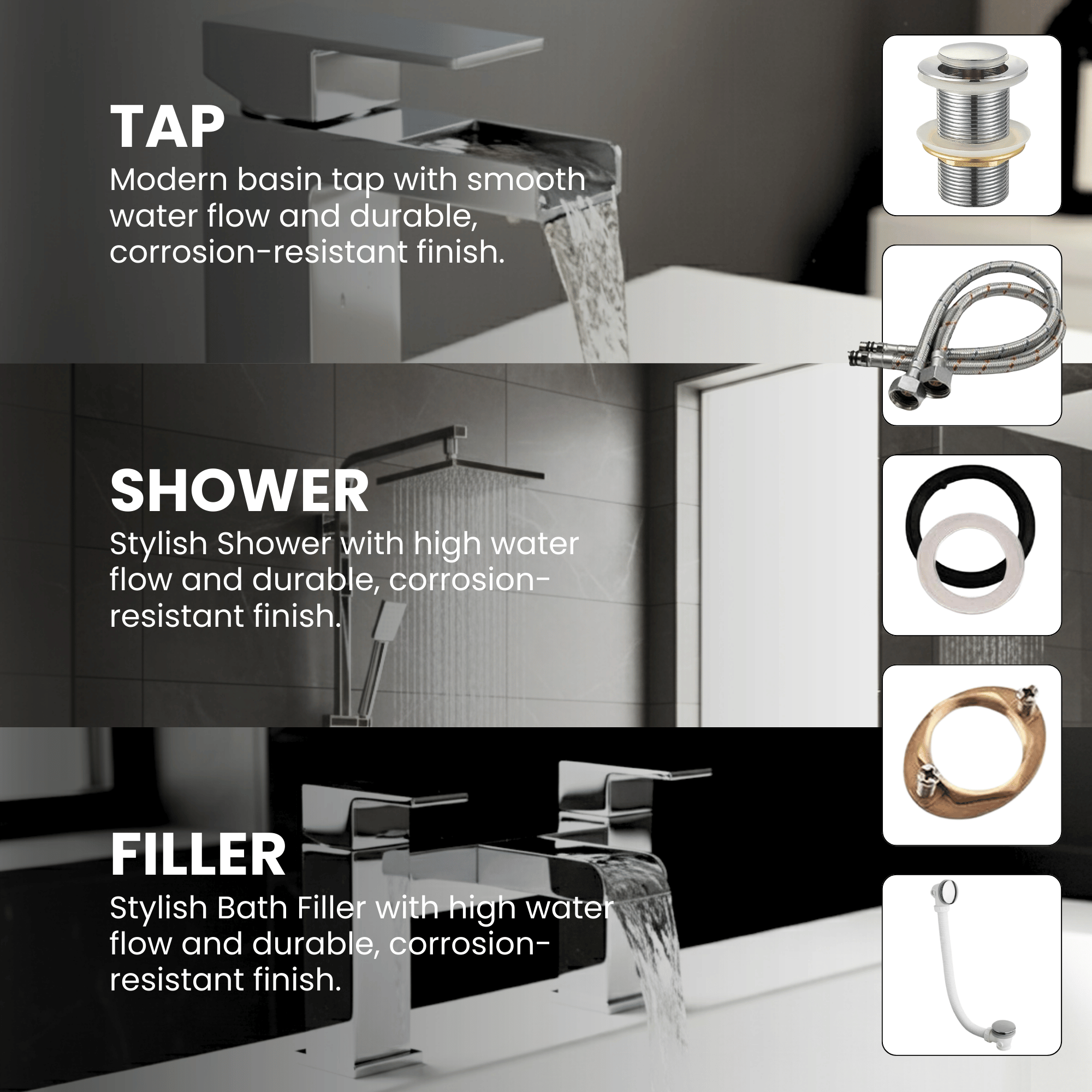 ARKO Waterfall Basin Mixer Tap, Bath Filler & Thermostatic Mixer Shower Set with Bath Waste – Chrome