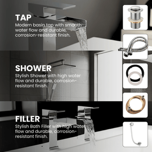 ARKO Waterfall Basin Mixer Tap, Bath Filler & Thermostatic Mixer Shower Set with Bath Waste – Chrome