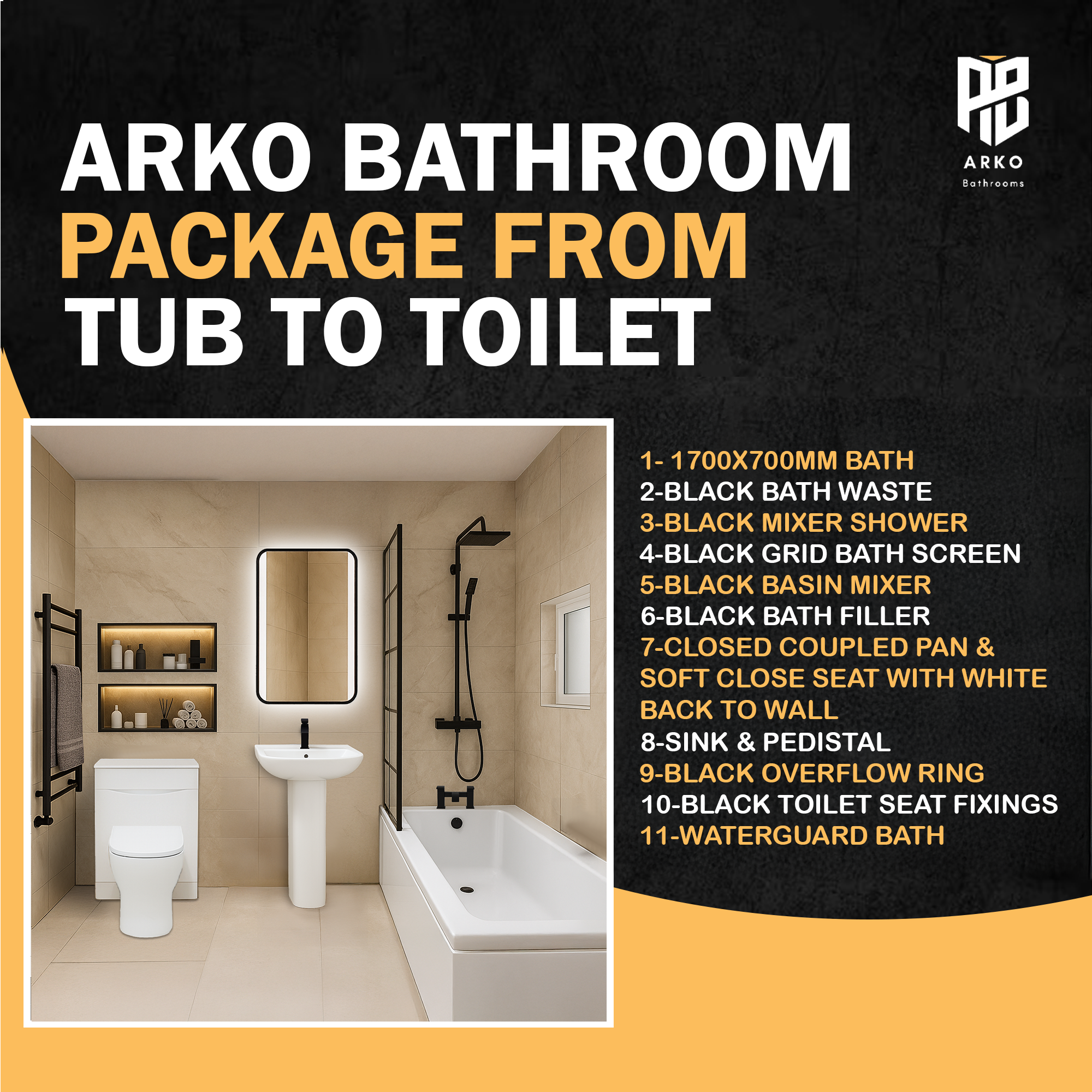 Arko Vista Complete Bathroom Suite -  Black