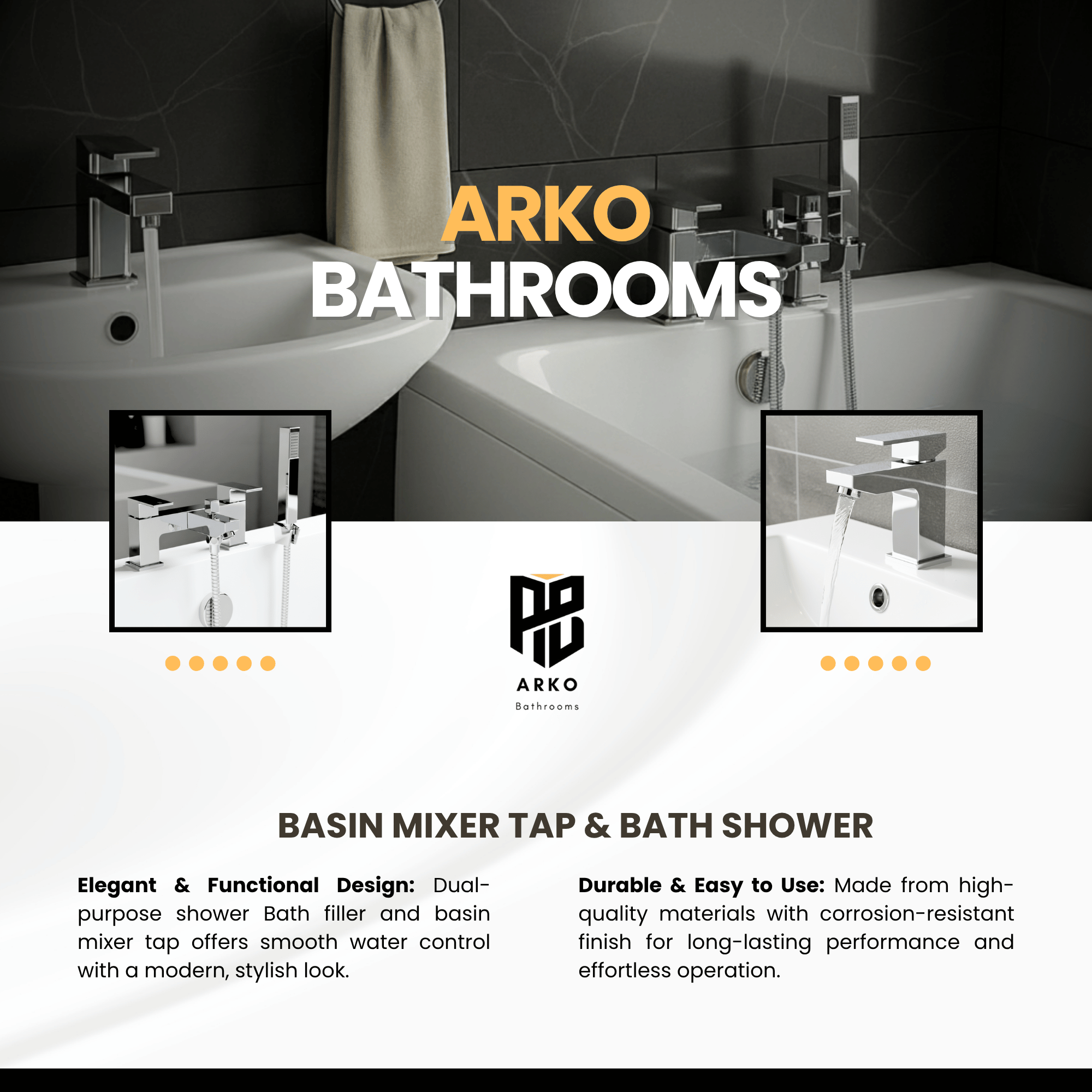 ARKO Verda Bath Shower & Basin Mixer Tap Set – Chrome