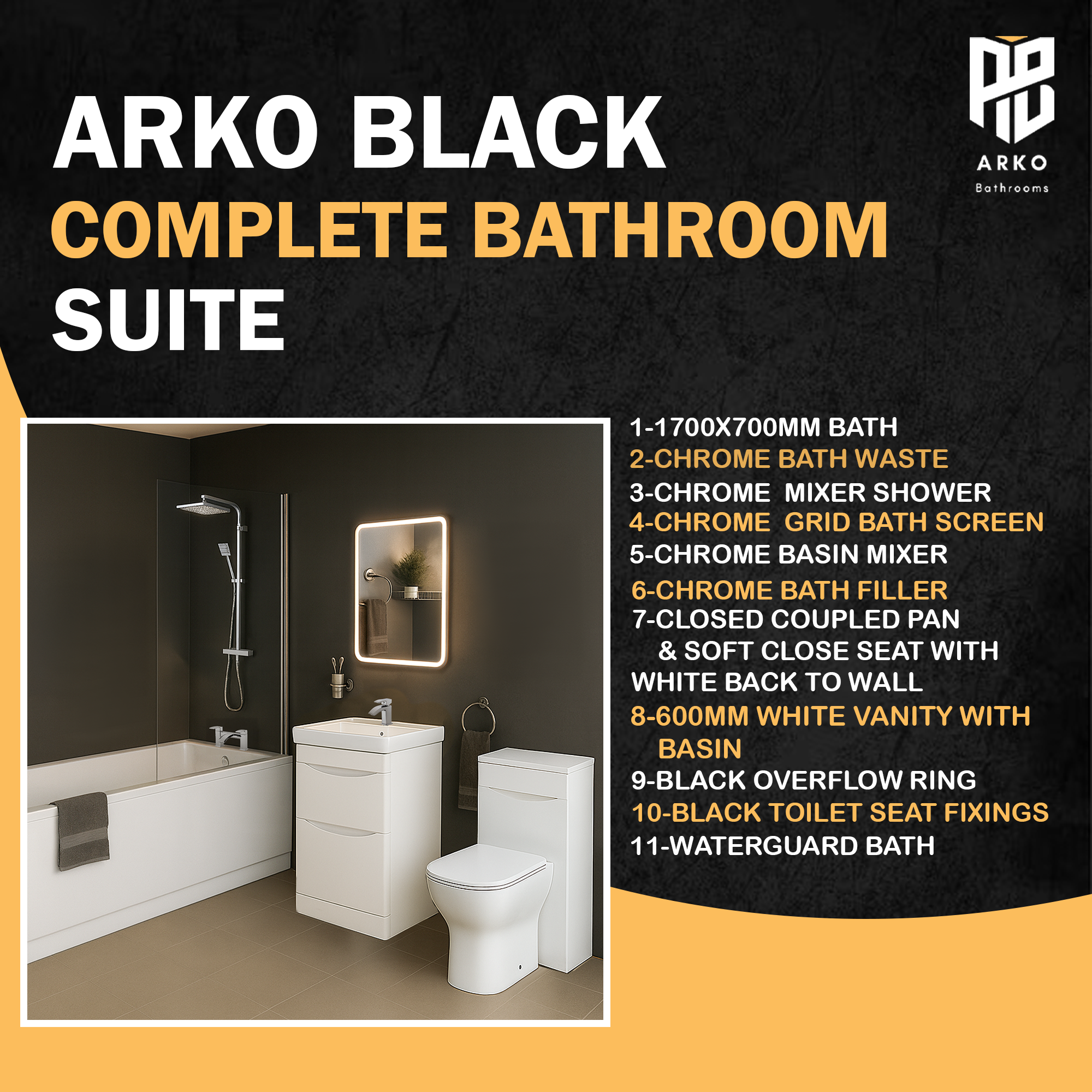 Arko Vista Complete Bathroom Suite -  Chrome
