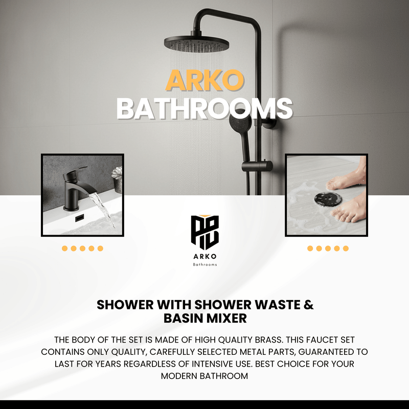 Arko Bathroom Capri Mixer Shower & Basin Mixer Tap Sets with Bath Shower Waste – Black