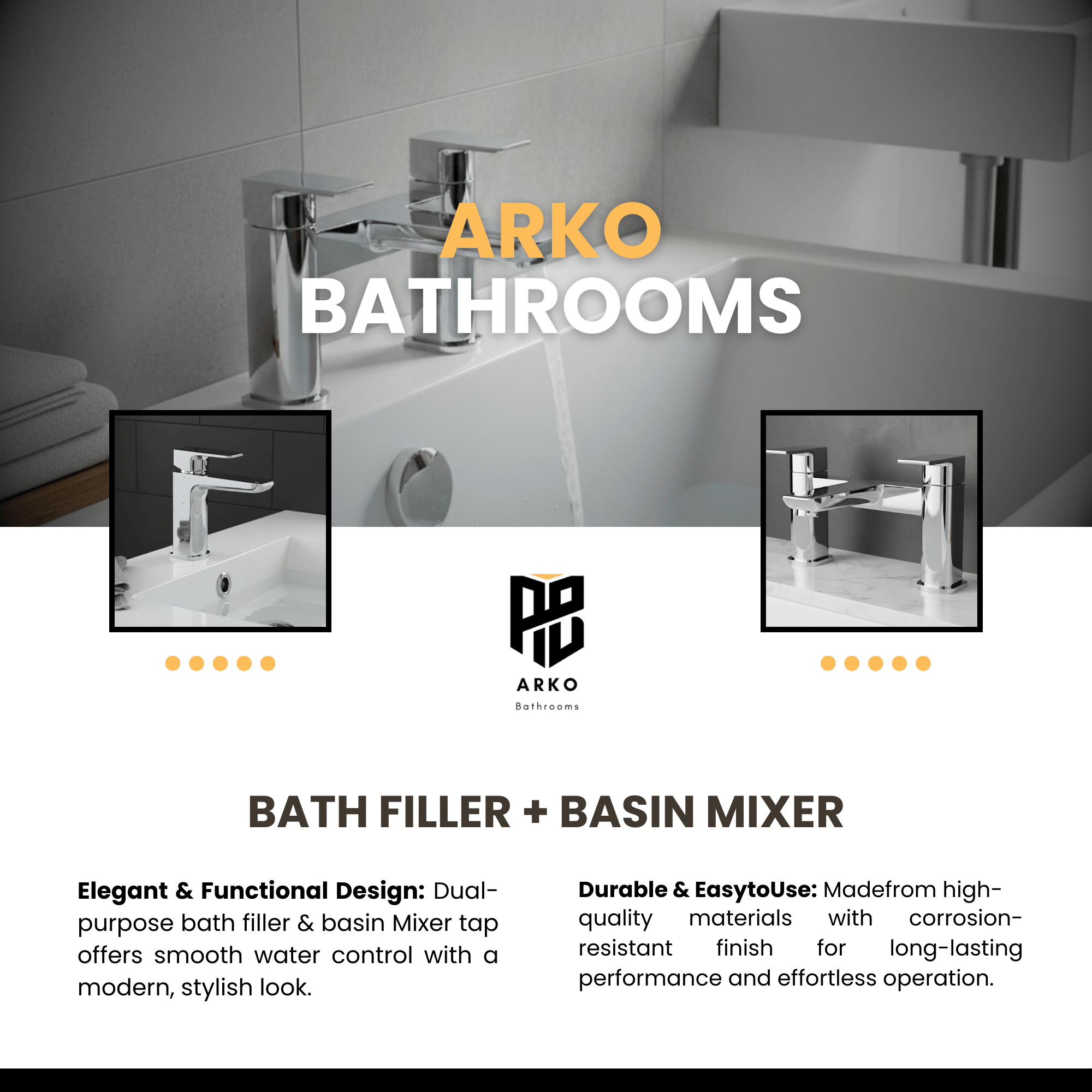 ARKO Bath and Basin Tap Set Waterfall Mixer Taps with Pop-Up Waste – Chrome