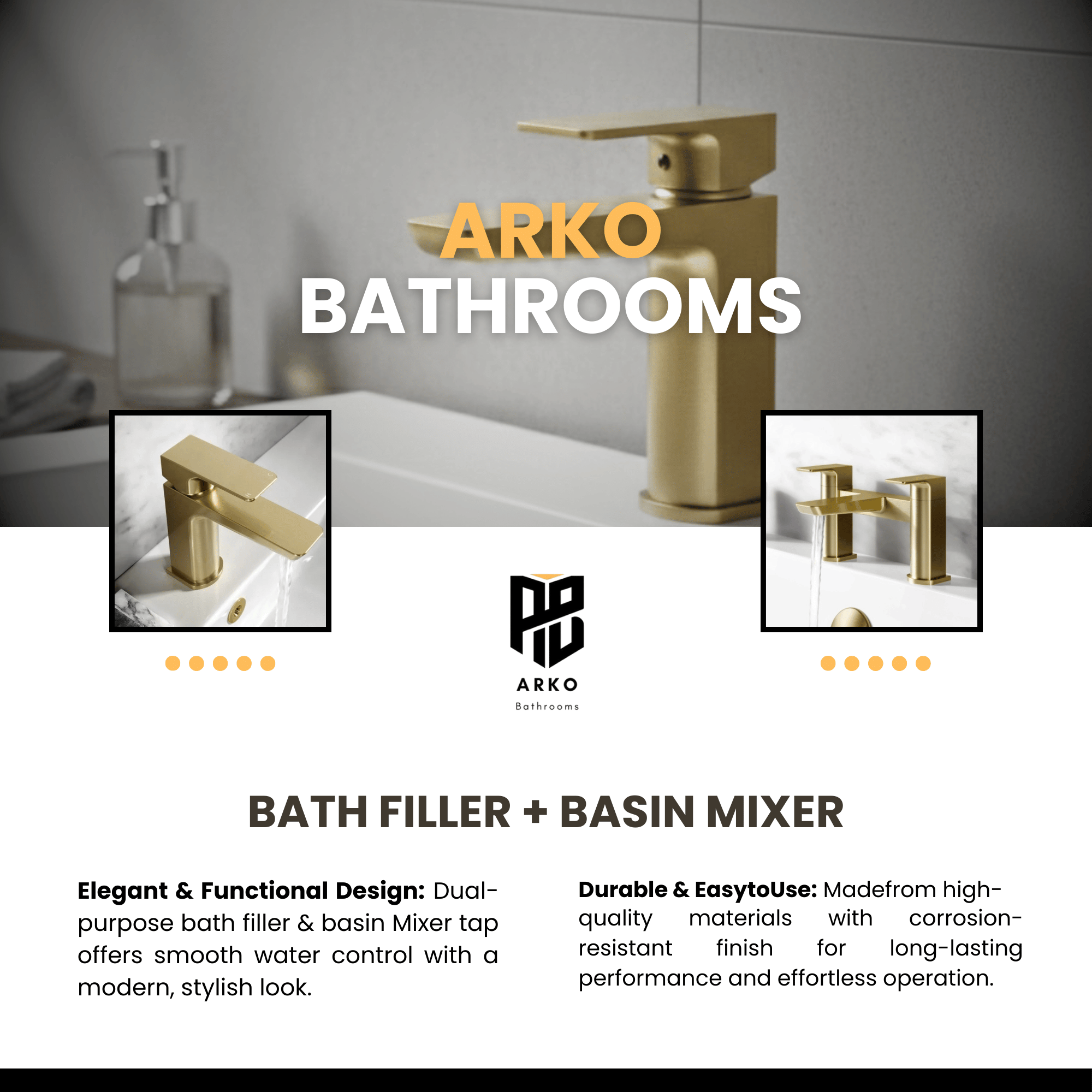 ARKO Bath and Basin Tap Set Waterfall Mixer Taps with Pop-Up Waste – Brass