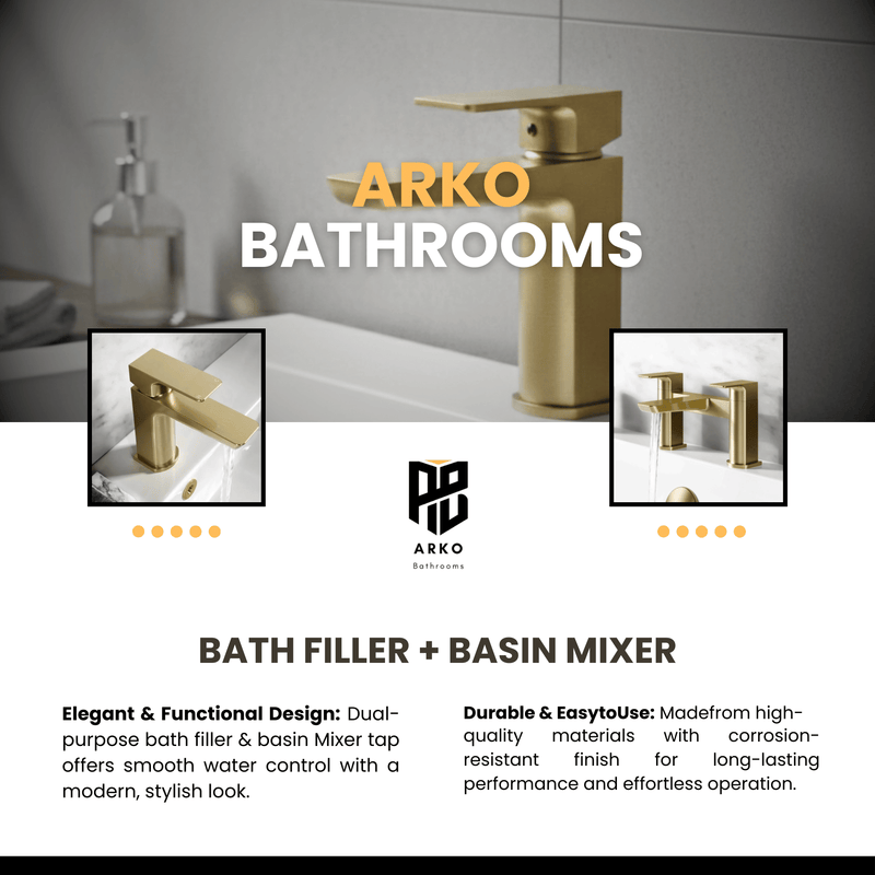 ARKO Bath and Basin Tap Set Waterfall Mixer Taps with Pop-Up Waste – Brass