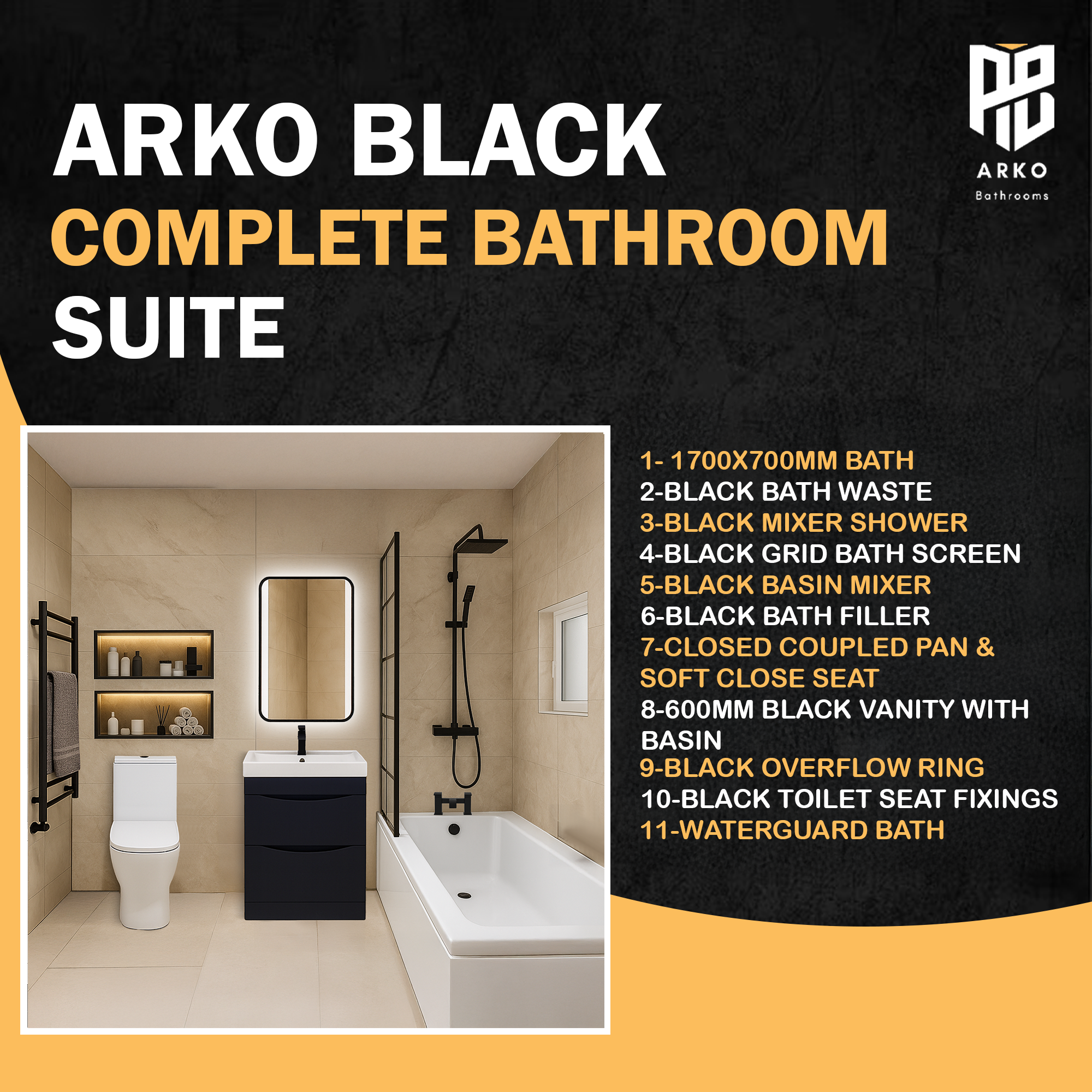 Arko Vista Complete Bathroom Suite -  Black