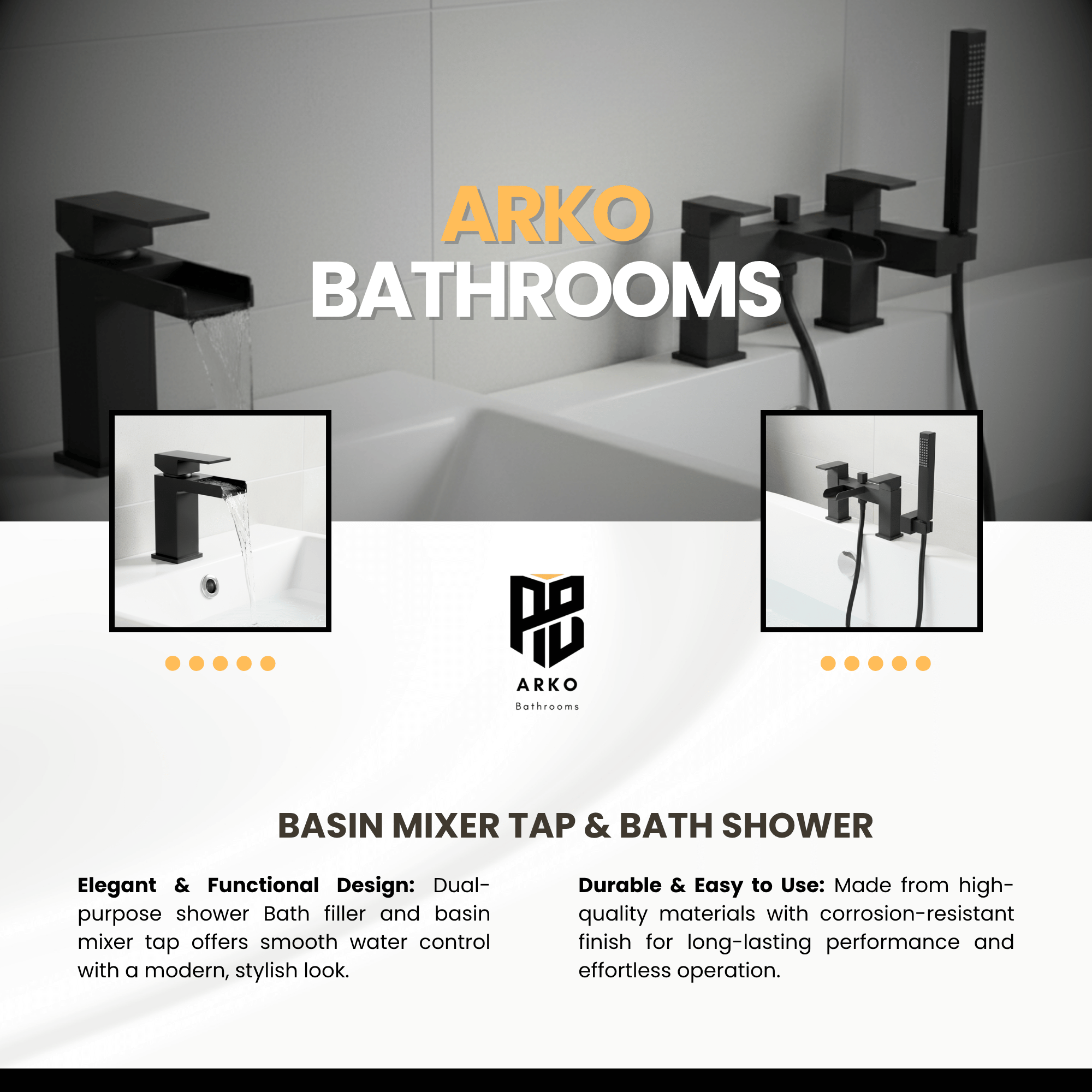 ARKO Waterfall Bath Shower & Basin Mixer Tap Set – Black