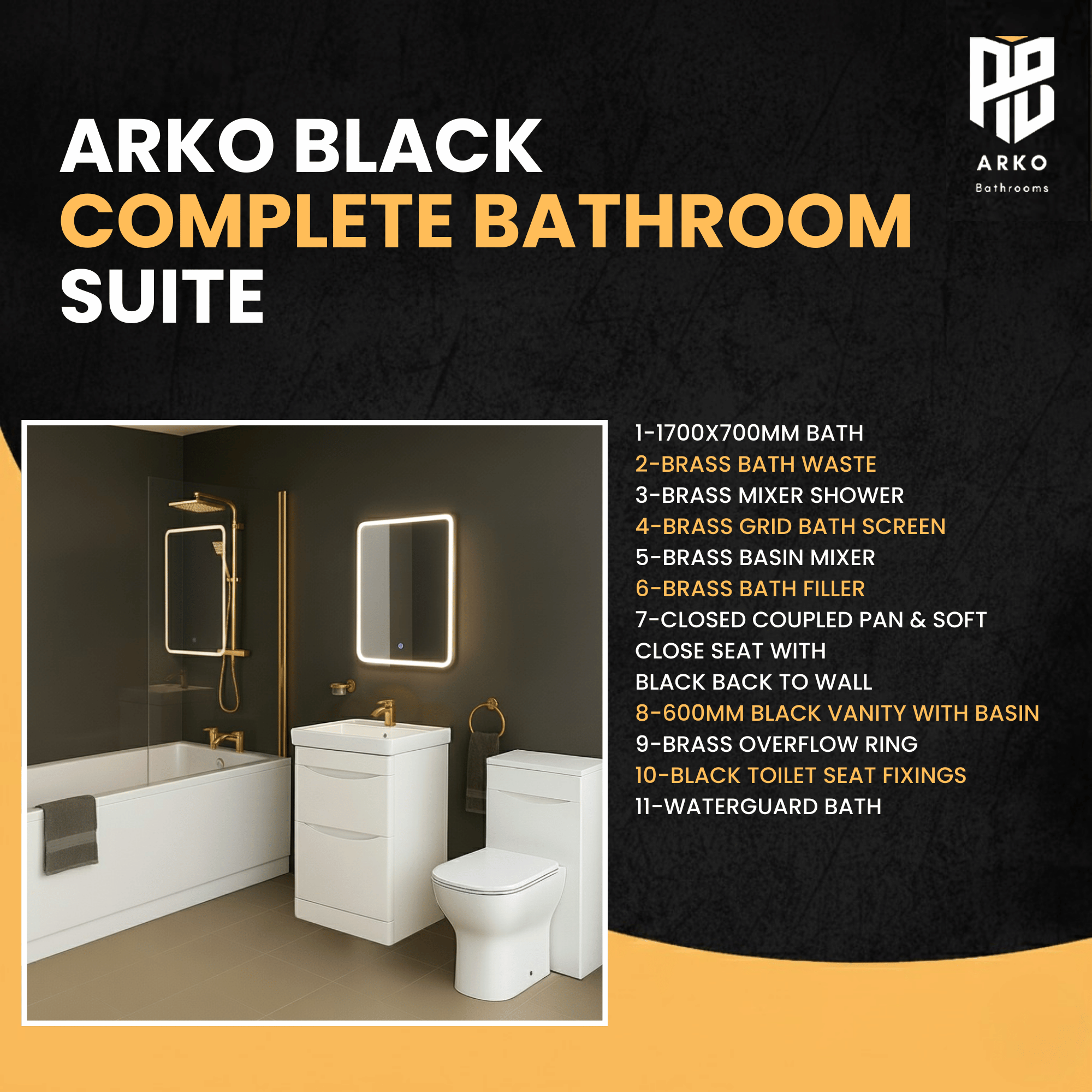 Arko Vista Complete Bathroom Suite -  Brass