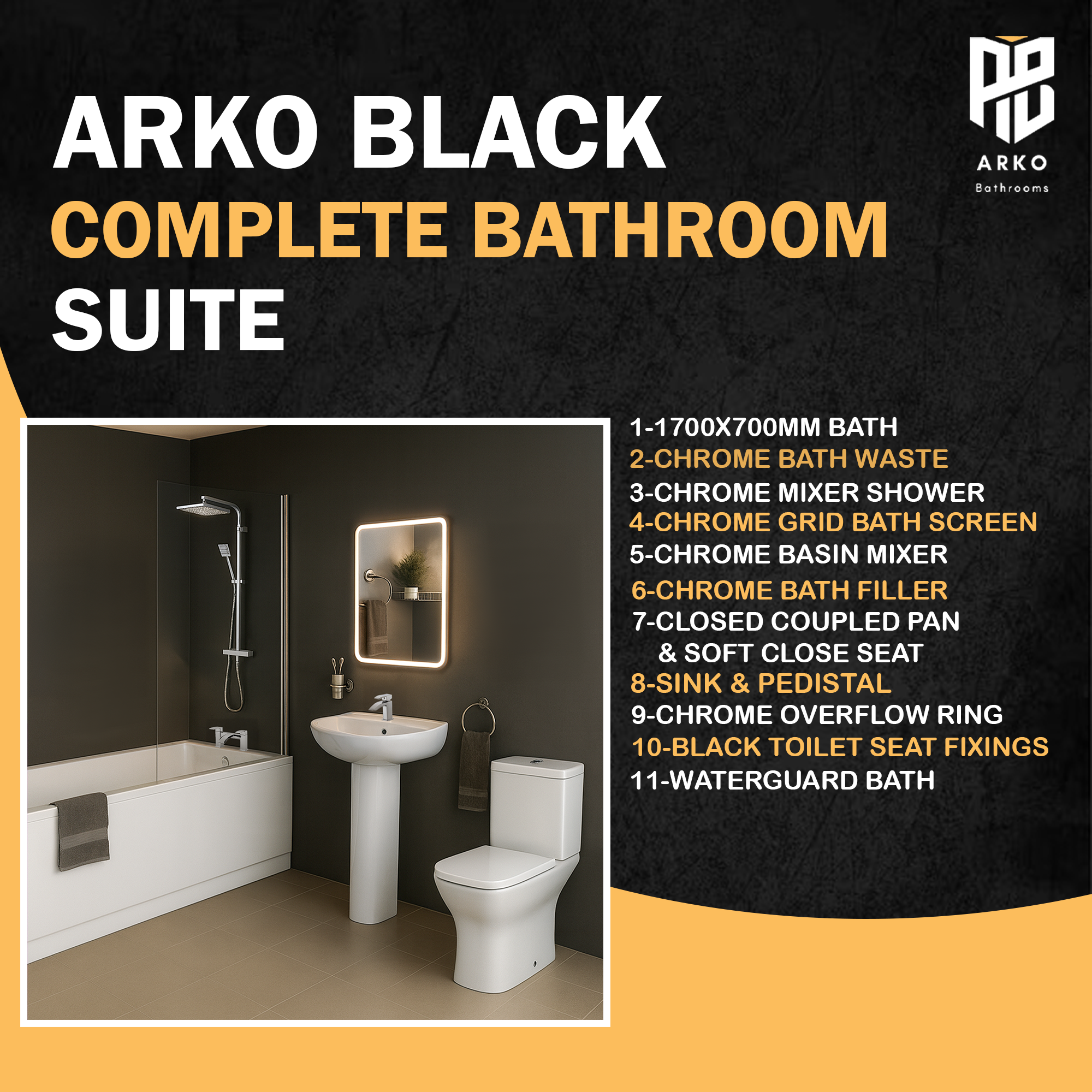 Arko Vista Complete Bathroom Suite -  Chrome