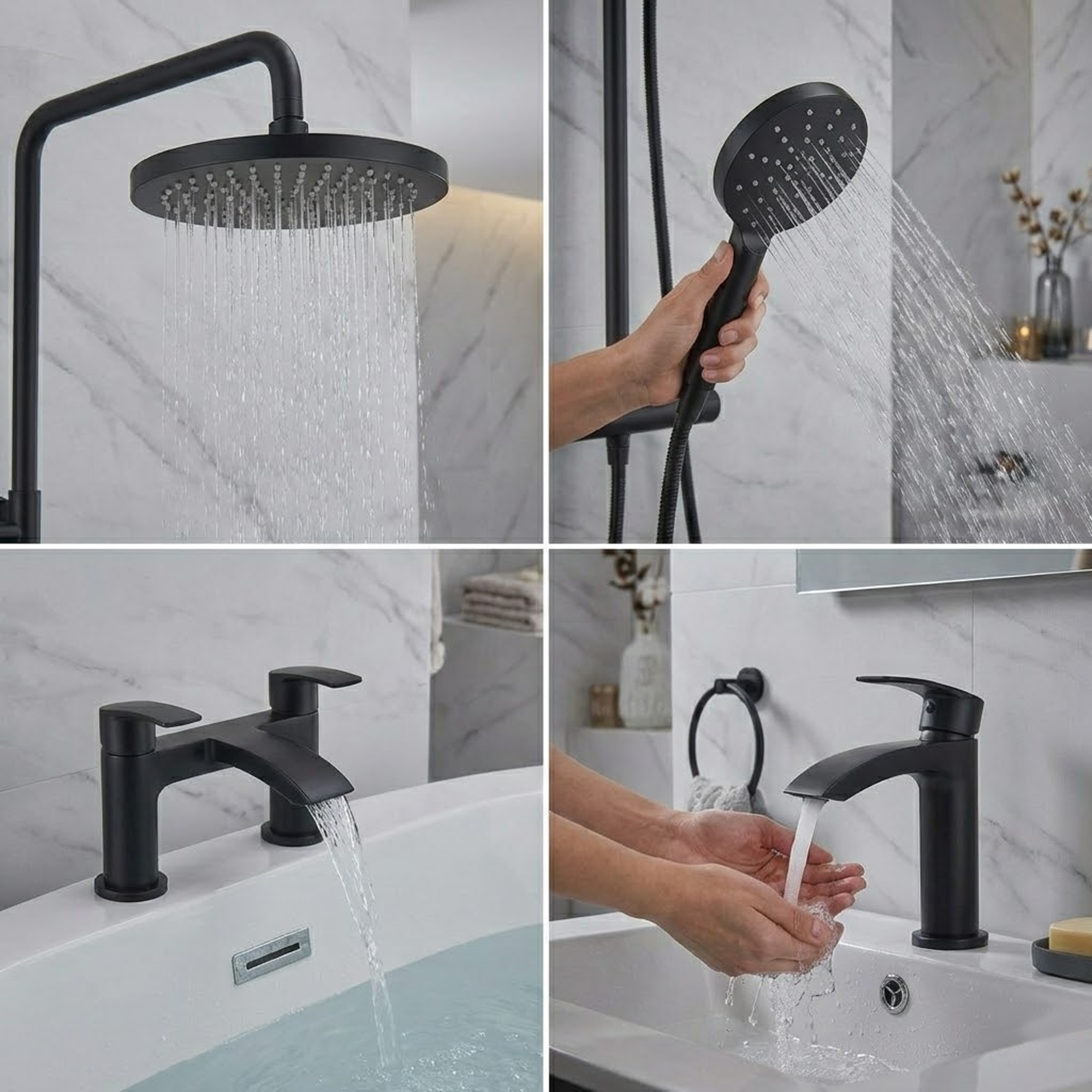 ARKO Capri Basin Mixer Tap, Bath Filler & Thermostatic Mixer Shower Set with Bath Waste – Black