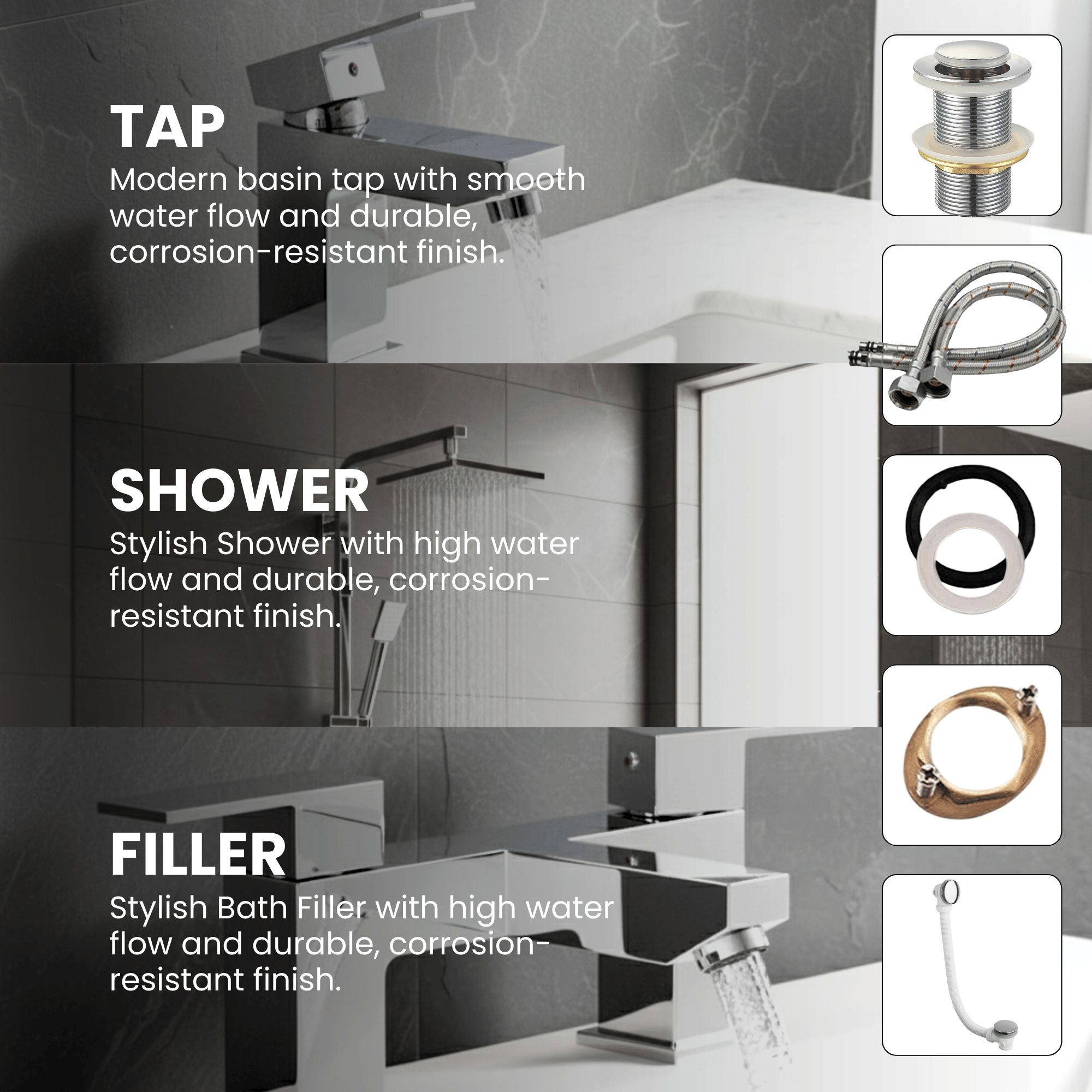 ARKO Verda Basin Mixer Tap, Bath Filler & Thermostatic Mixer Shower Set with Bath Waste – Chrome