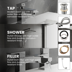 ARKO Verda Basin Mixer Tap, Bath Filler & Thermostatic Mixer Shower Set with Bath Waste – Chrome