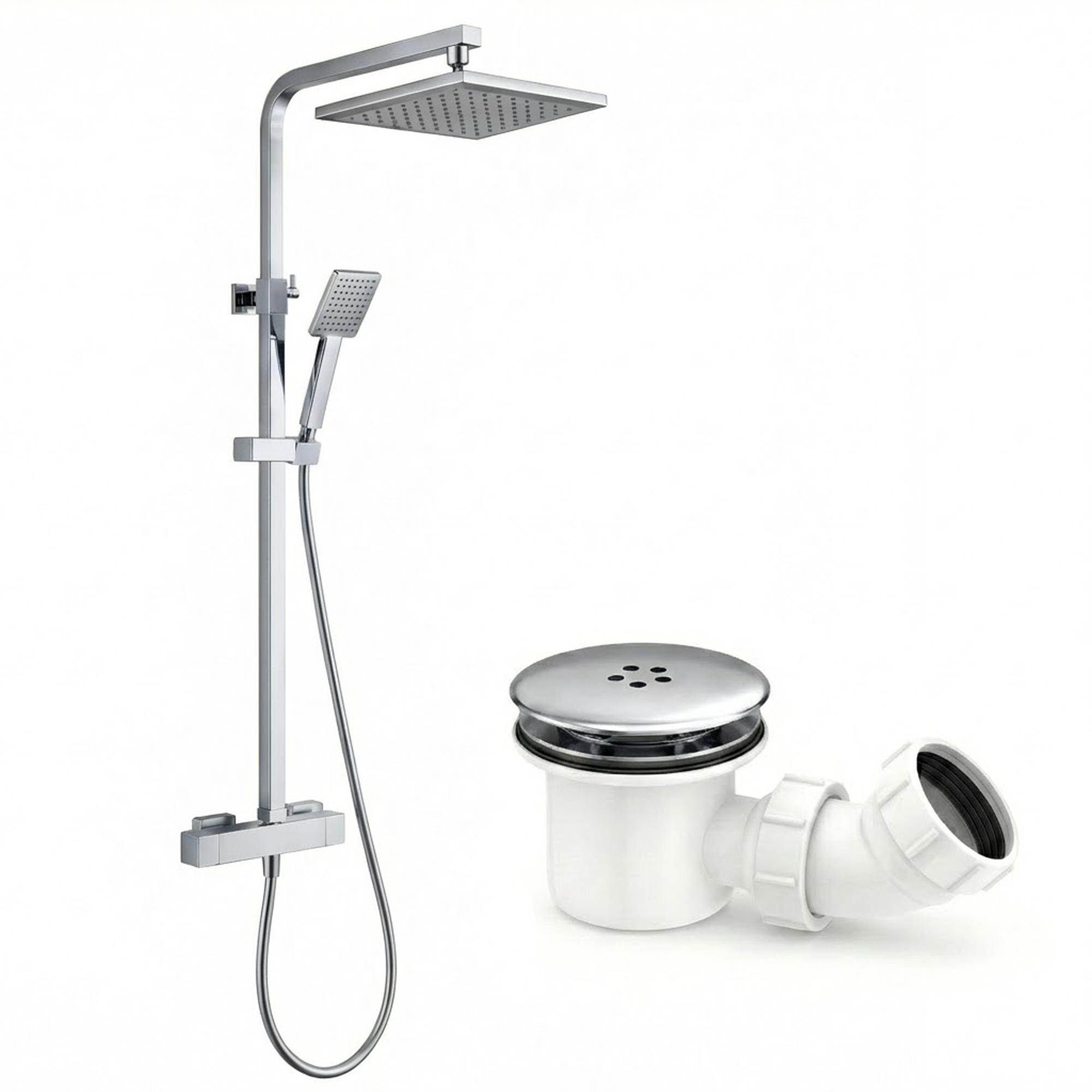 ARKO Bathroom Square Thermostatic Mixer Shower with Riser Rail, Shower Waste & Twin head - Chrome