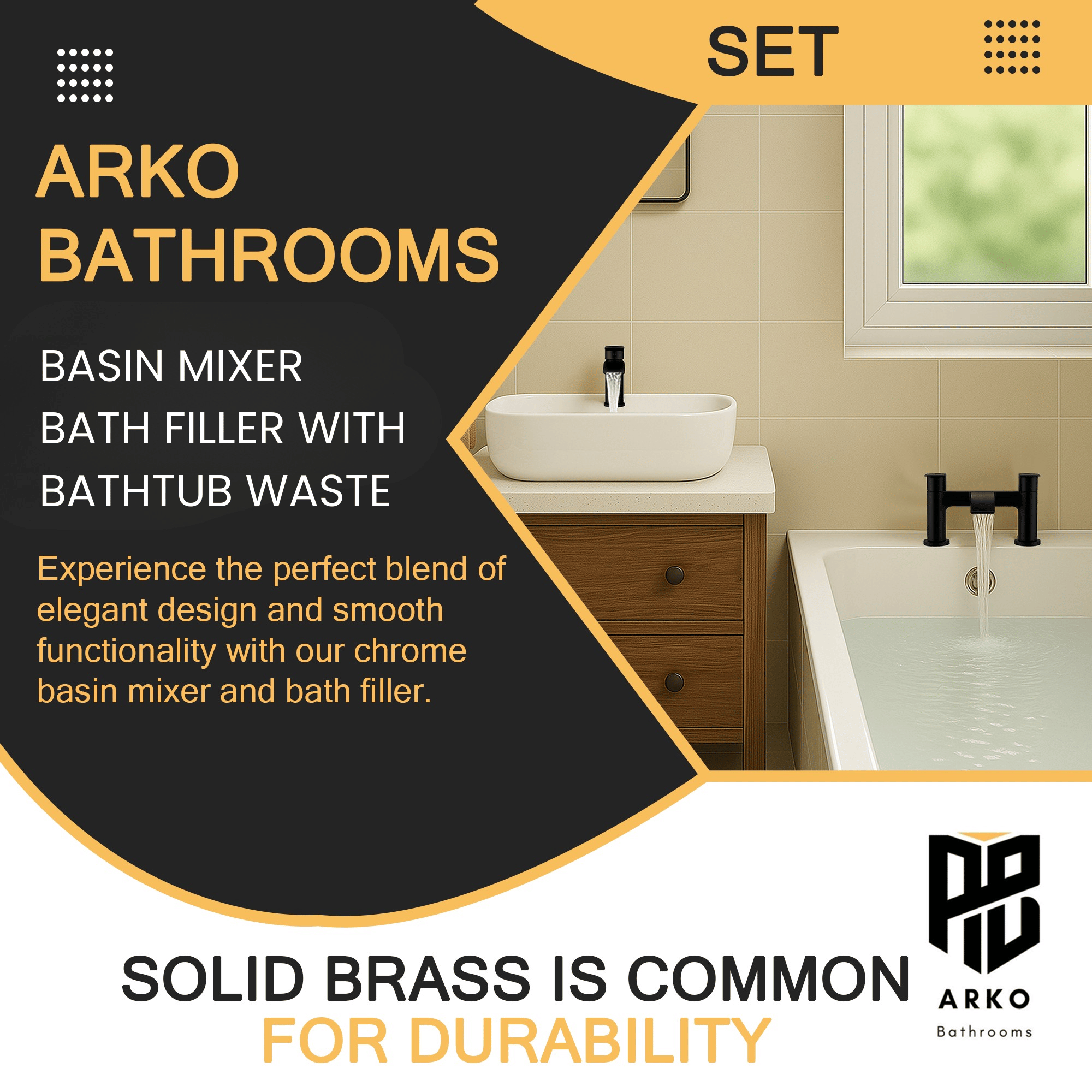 Arko Capri Bath and Basin Mixer Tap with Bath Waste Set - Black
