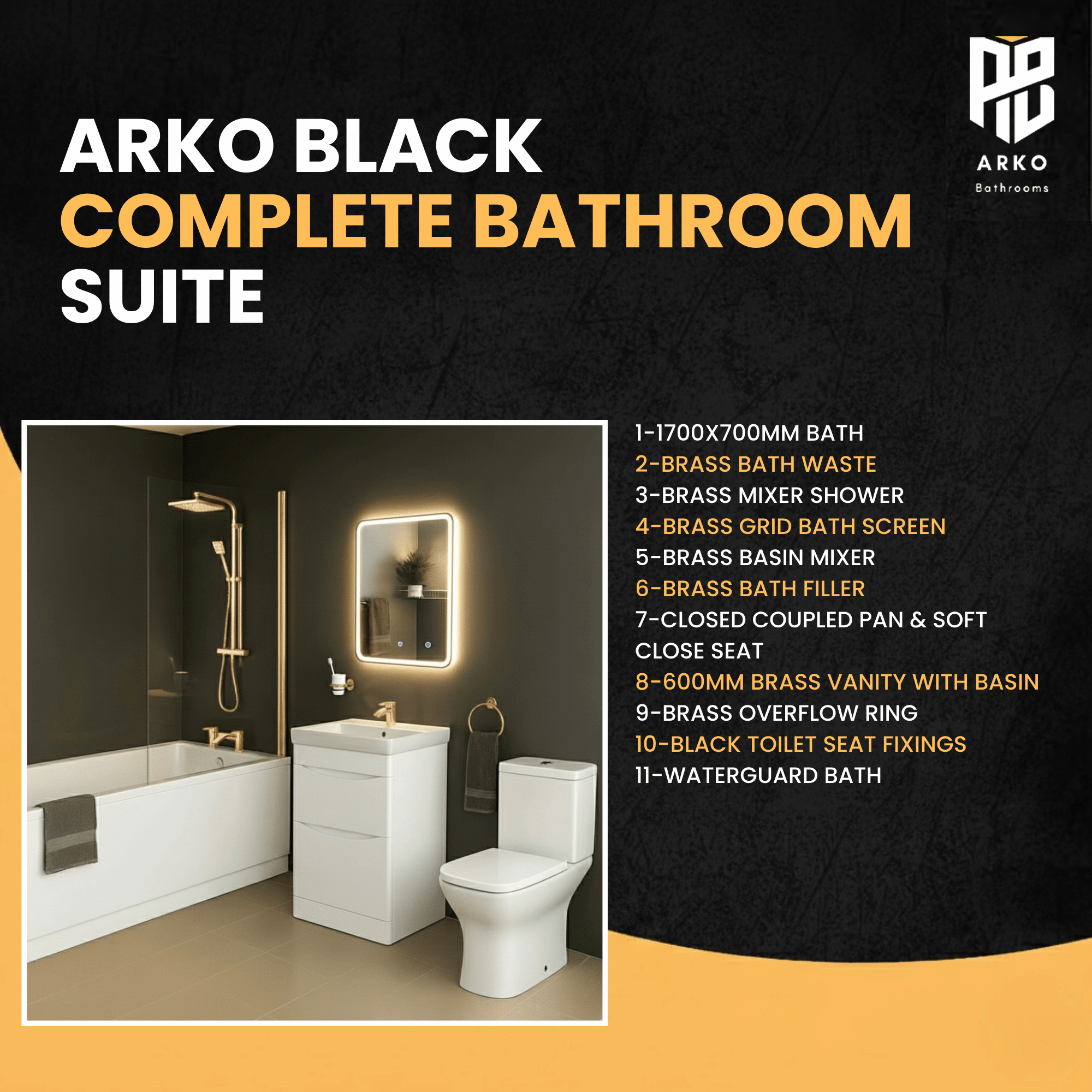 Arko Vista Complete Bathroom Suite -  Brass