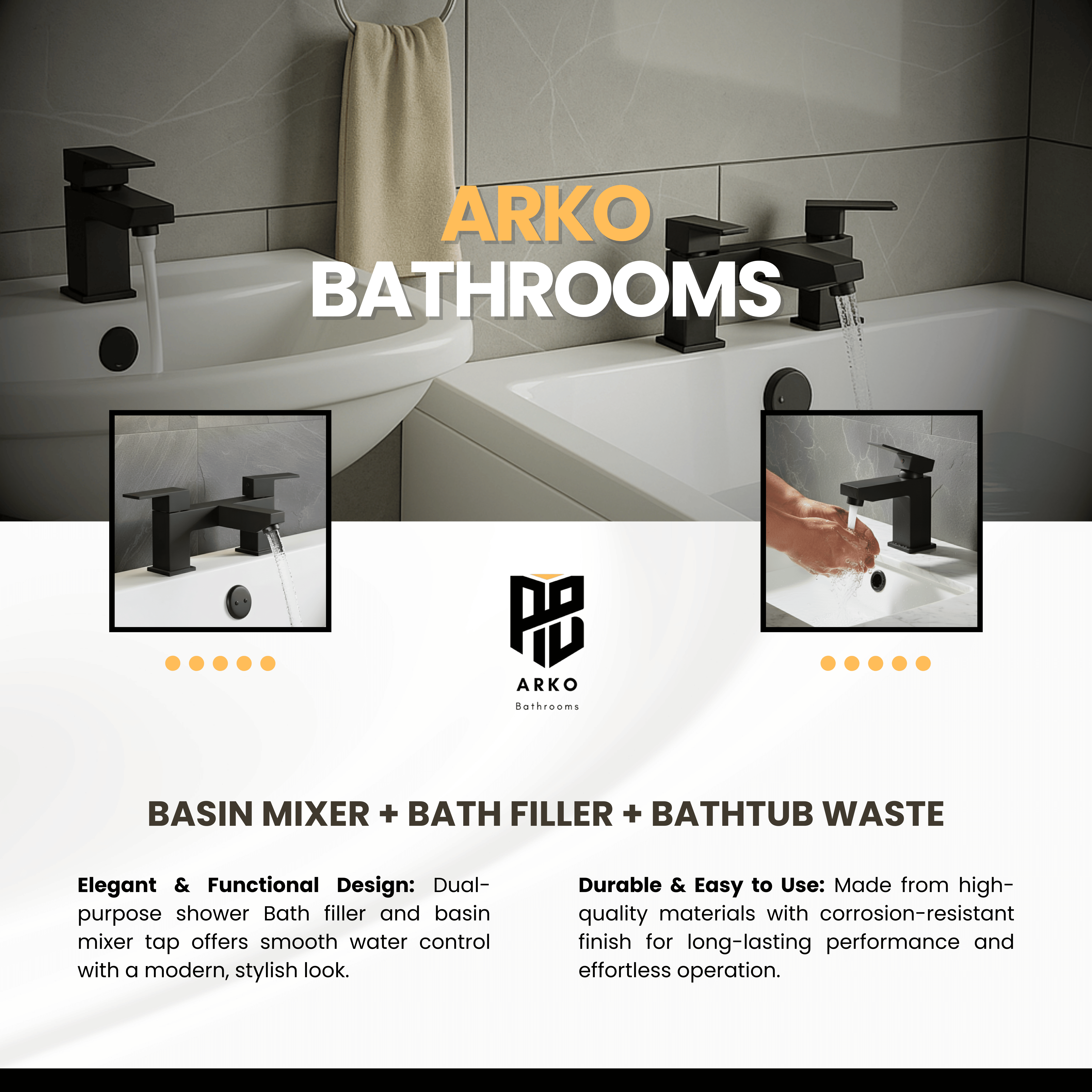 Arko Verda Bath and Basin Mixer Tap with Bath Waste Set - Black