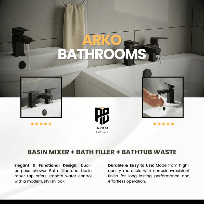 Arko Verda Bath and Basin Mixer Tap with Bath Waste Set - Black