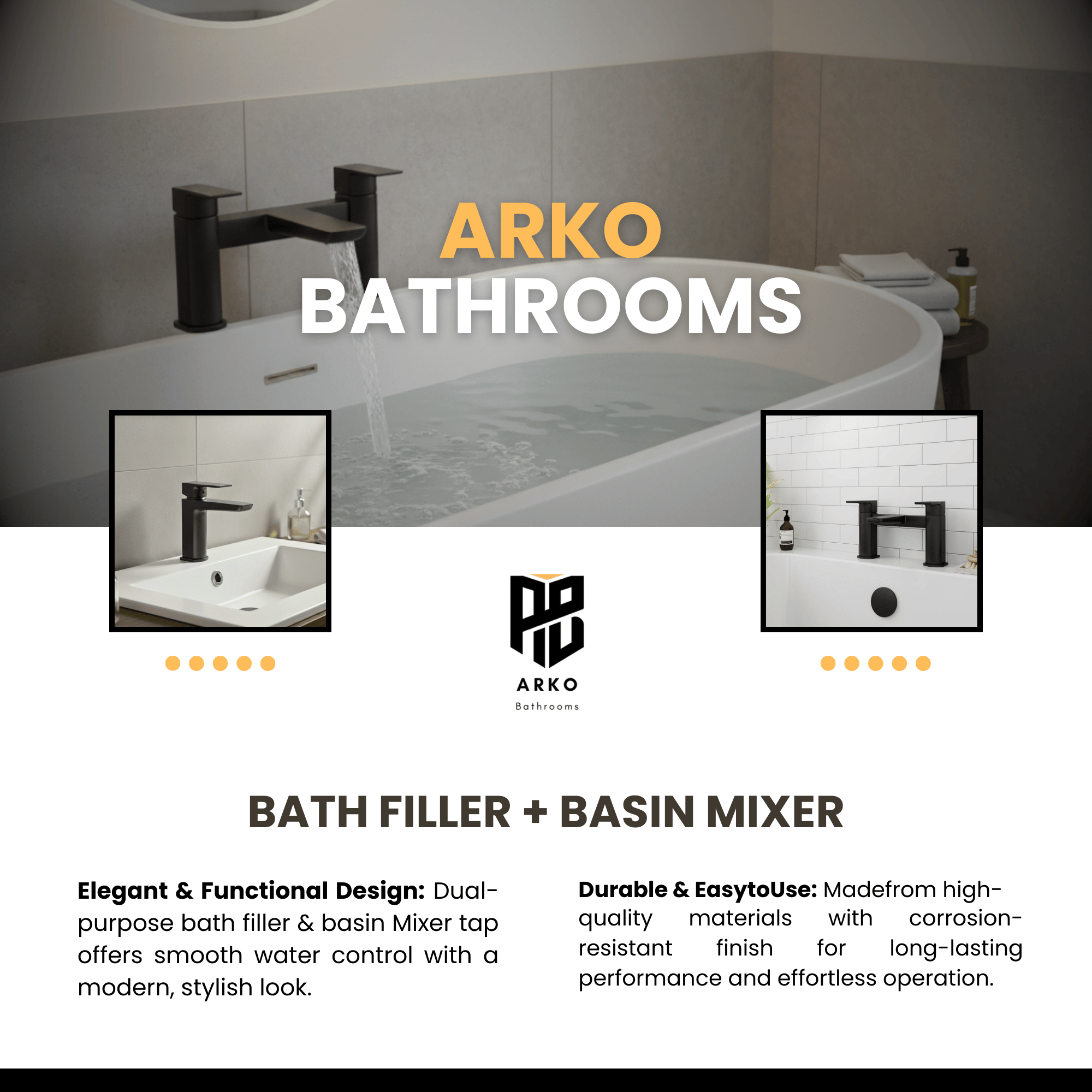 ARKO Bath and Basin Tap Set Waterfall Mixer Taps with Pop-Up Waste – Black