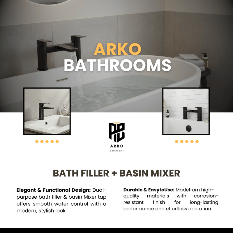ARKO Bath and Basin Tap Set Waterfall Mixer Taps with Pop-Up Waste – Black