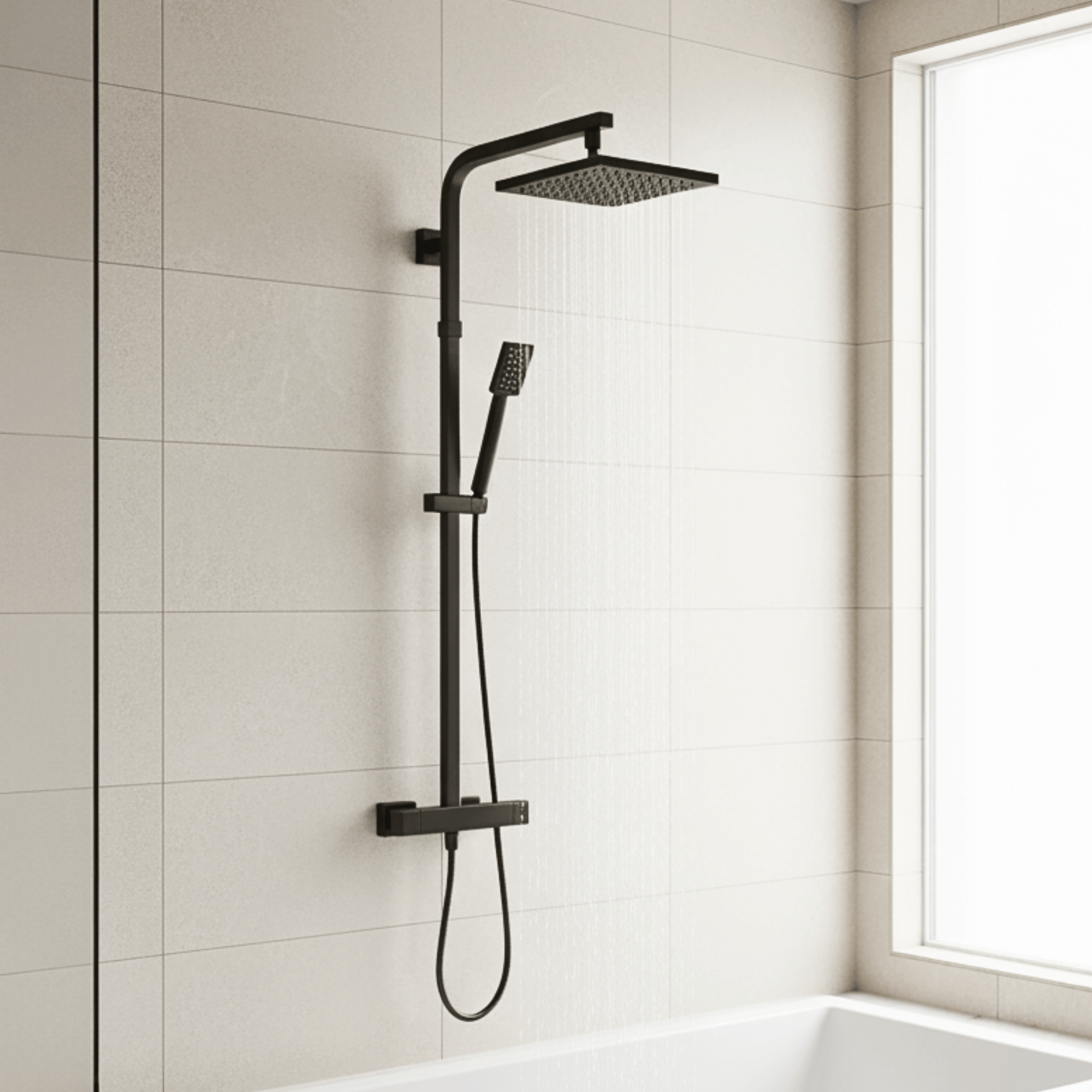ARKO Waterfall Basin Mixer Tap, Bath Filler & Thermostatic Mixer Shower Set with Bath Waste – Black