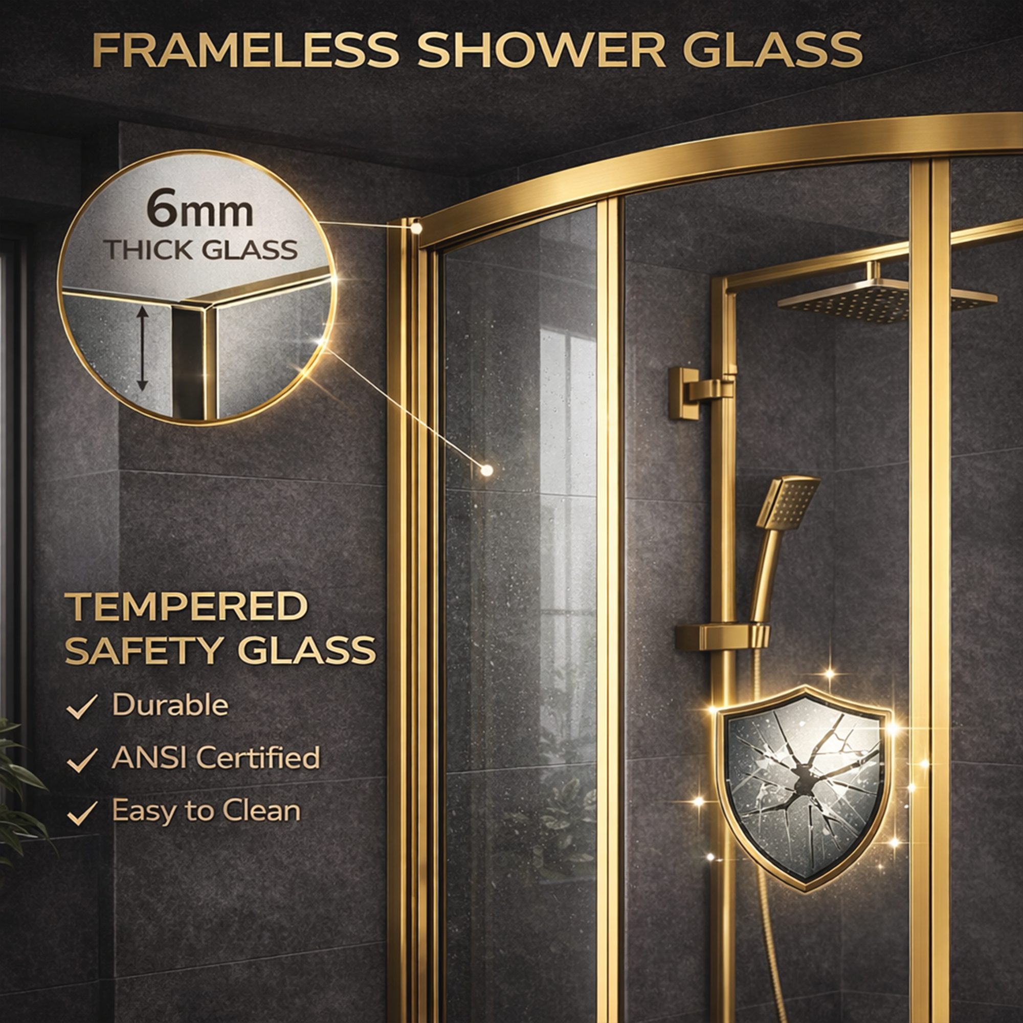 ARKO Square Rainfall Shower System with Handheld Spray & Curved Glass Sliding Shower Enclosure with Tray - Brass