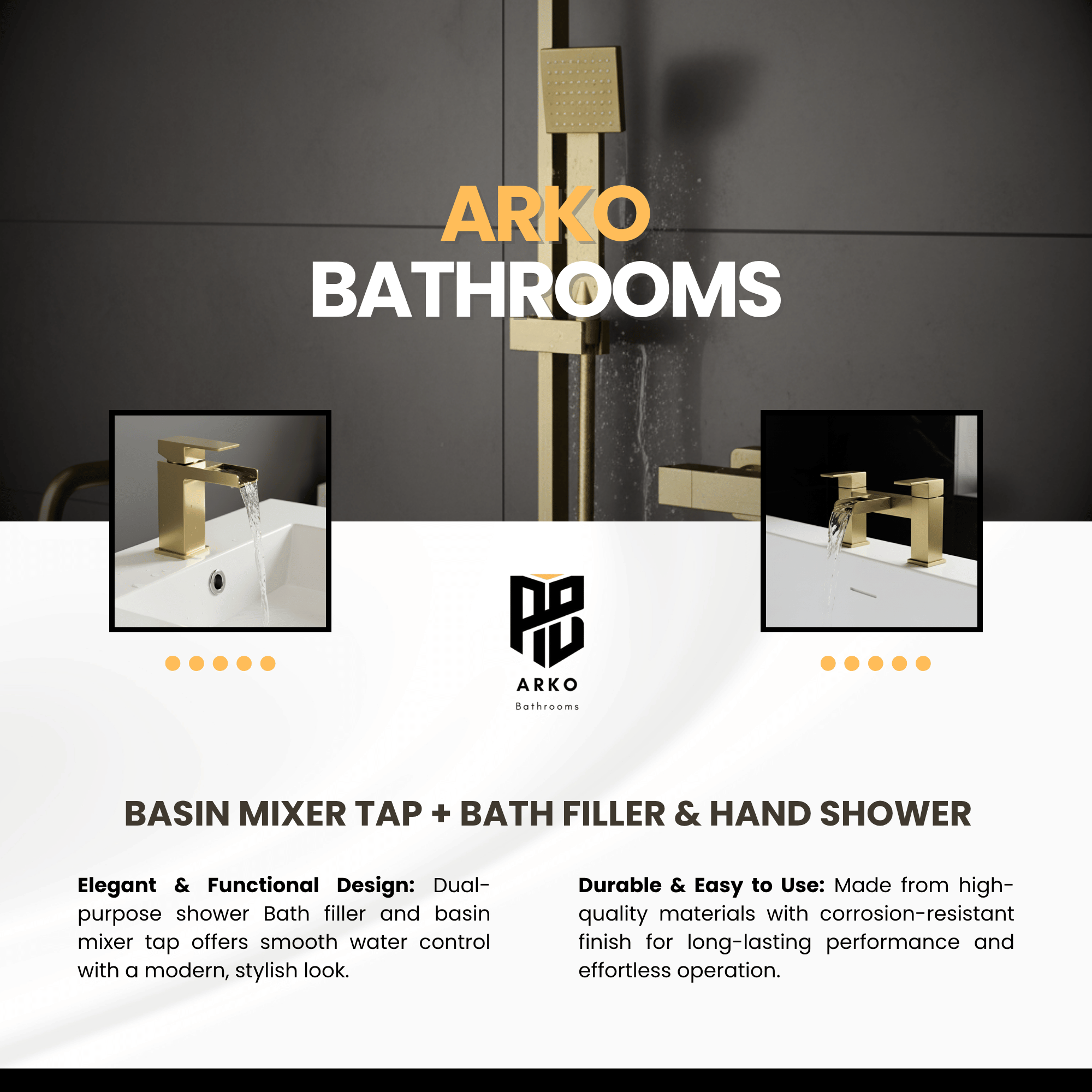ARKO Waterfall Bath Filler & Hand Shower Set – Brass