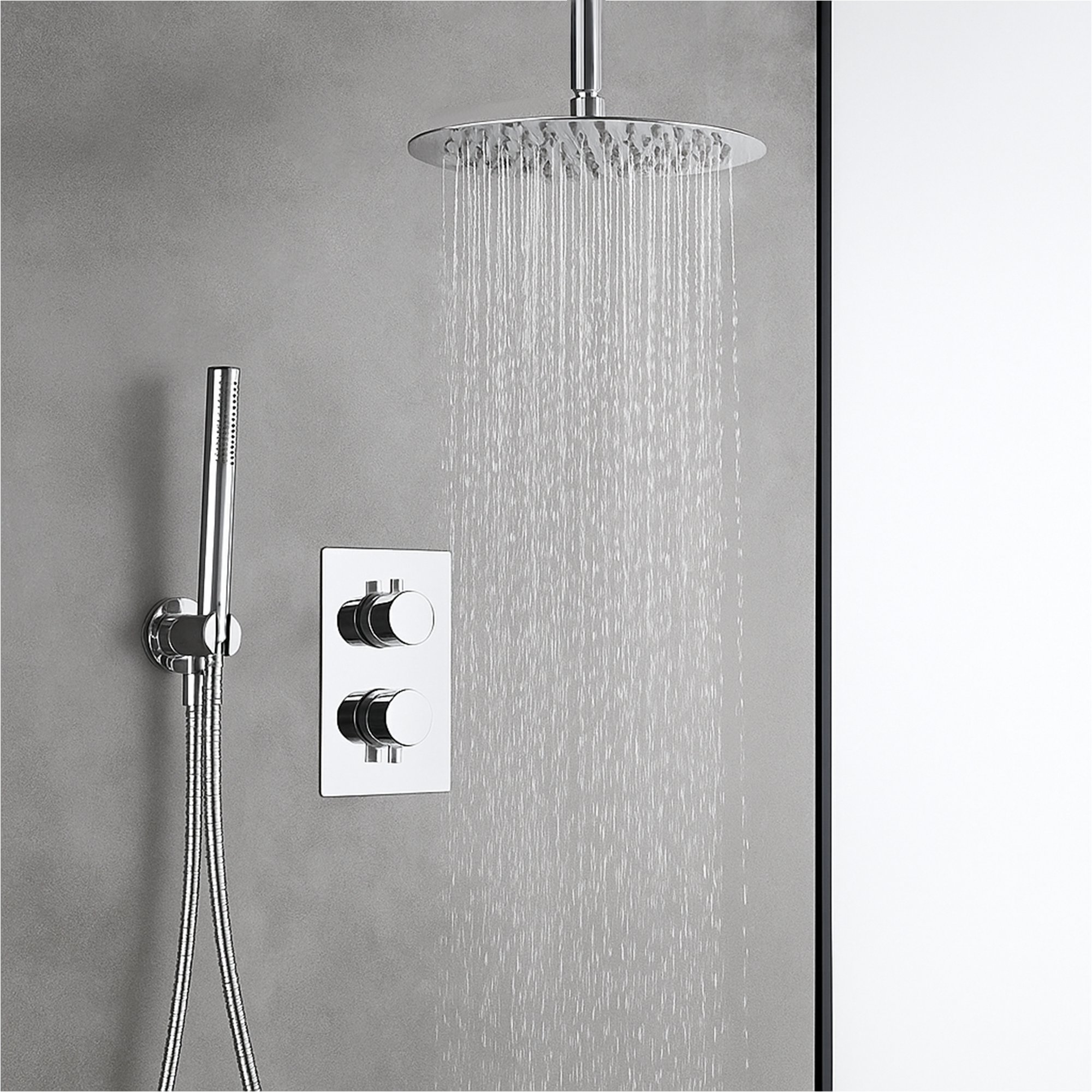 ARKO Round Concealed Thermostatic Shower Mixer 2 Dial Twin Head with Valve, Handset & Shower Waste – Chrome