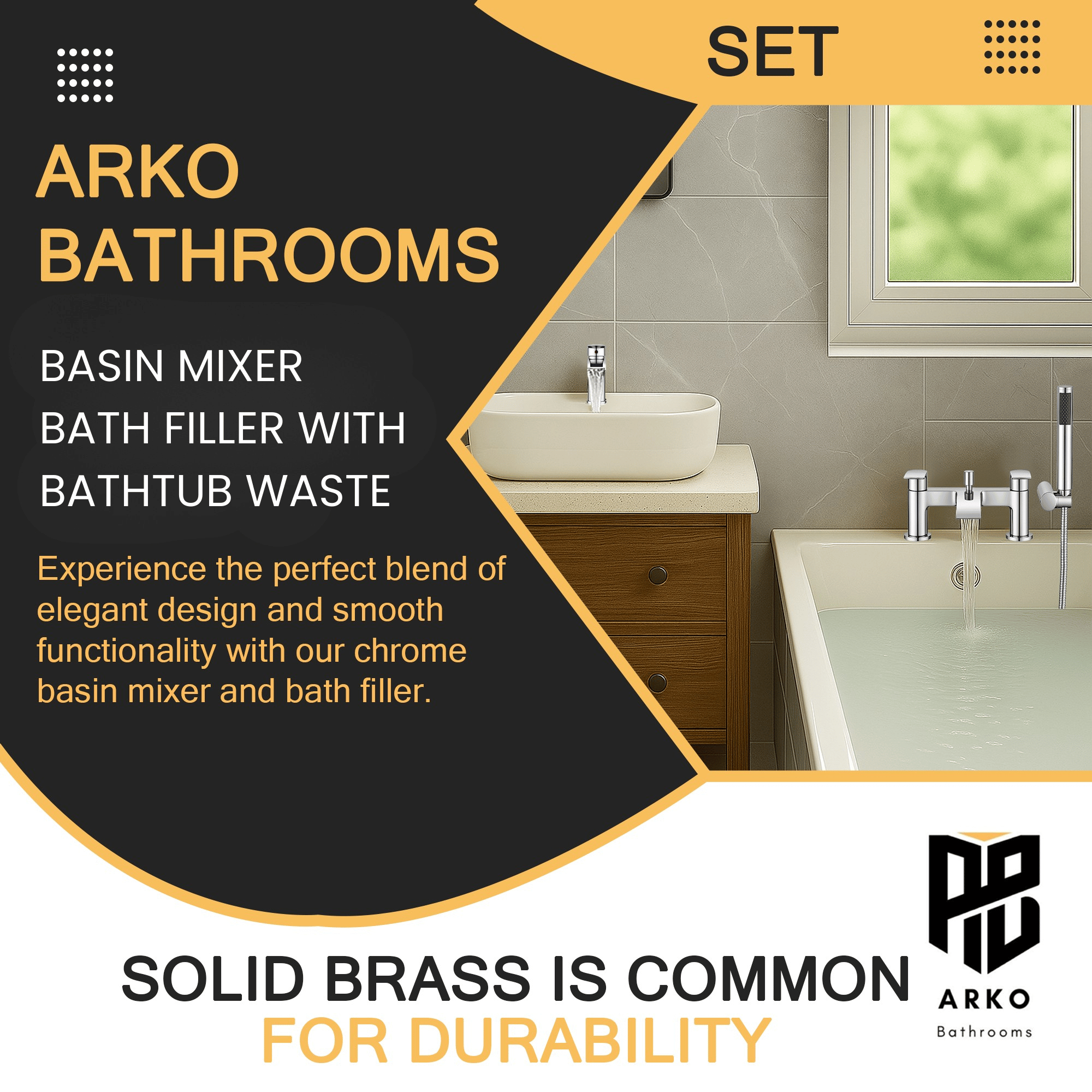Arko Capri Basin Mixer Tap & Bath Shower Set with Bath Waste – Chrome