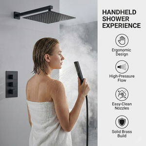 Square Concealed Thermostatic Shower System with Overhead & Handheld Options - Matt Black