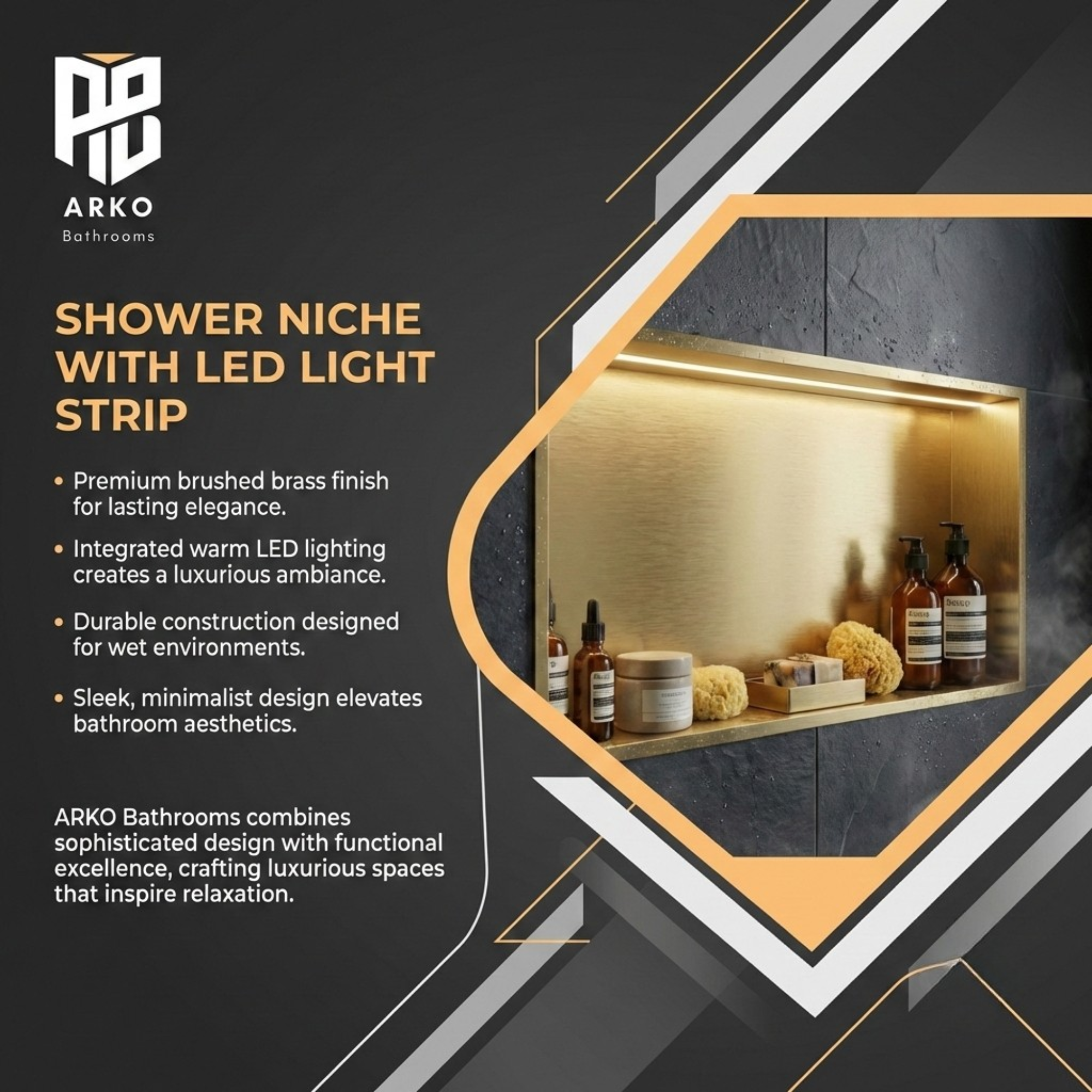 ARKO Shower Niche with LED Light Wall Insert, Bathroom Shower Storage Shelf, Brass