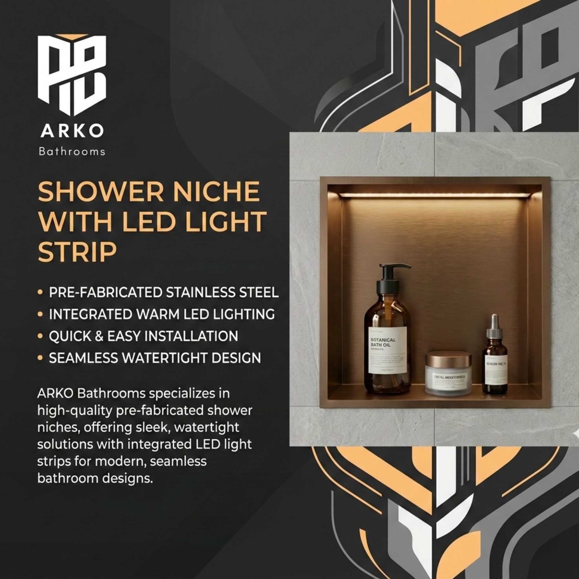 ARKO Shower Niche with LED Light Wall Insert, Bathroom Shower Storage Shelf, Bronze