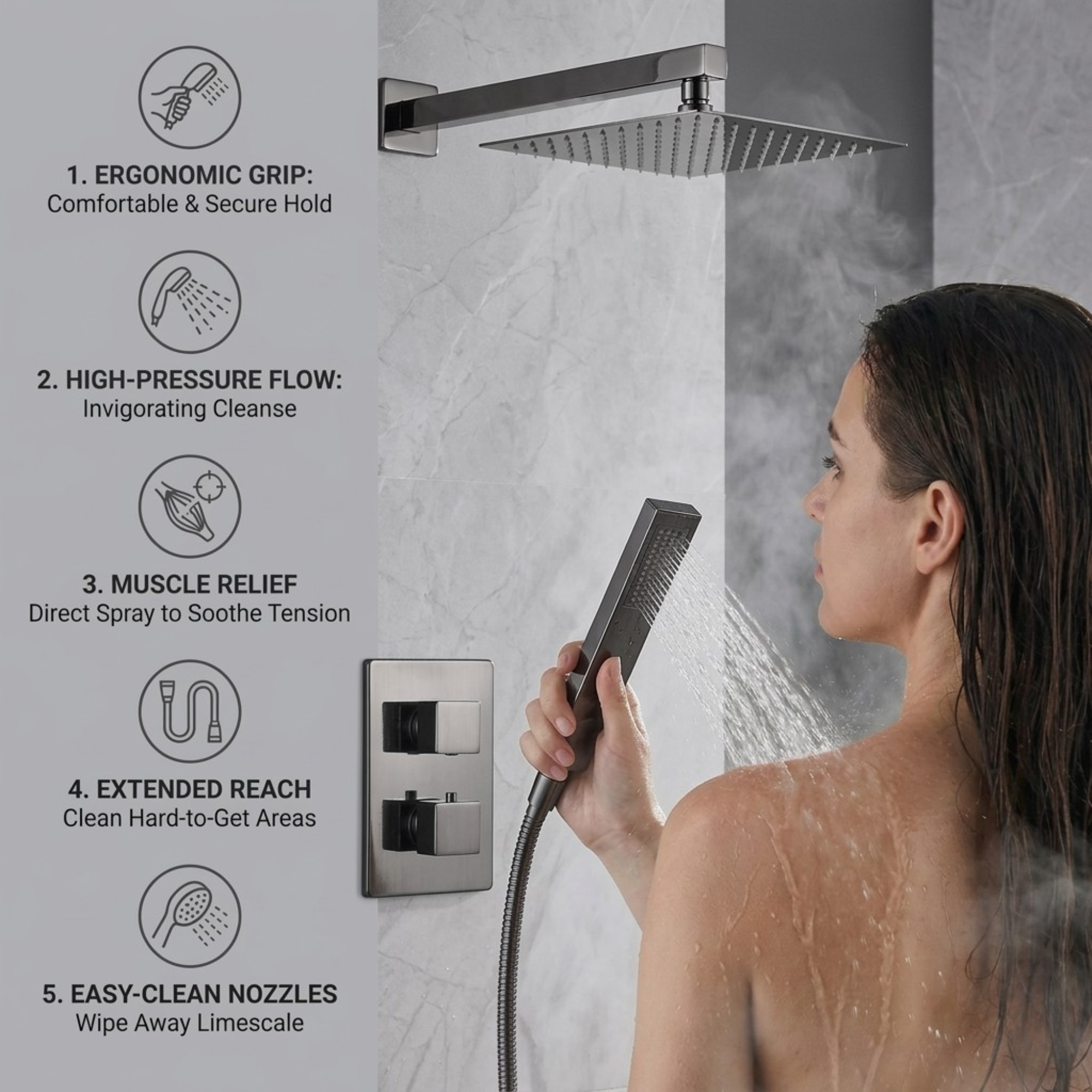 ARKO 2-Way Square Concealed Thermostatic Mixer Shower Dual Dial, Twin Head – Gunmetal