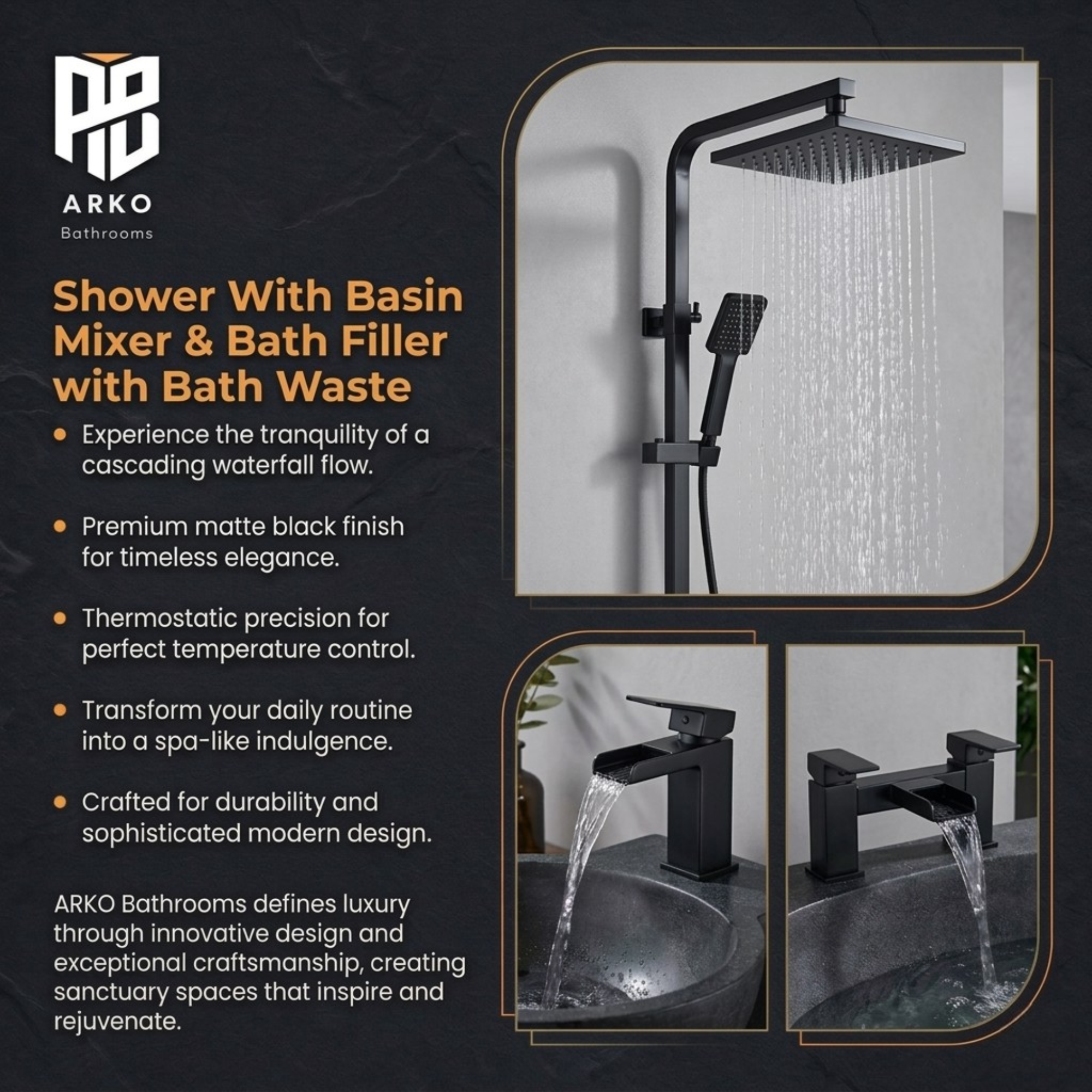 ARKO Waterfall Basin Mixer Tap, Bath Filler & Thermostatic Mixer Shower Set with Bath Waste – Black