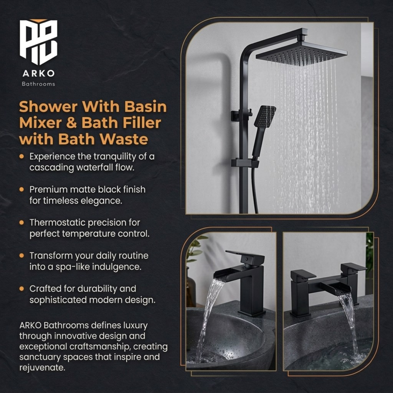 ARKO Waterfall Basin Mixer Tap, Bath Filler & Thermostatic Mixer Shower Set with Bath Waste – Black