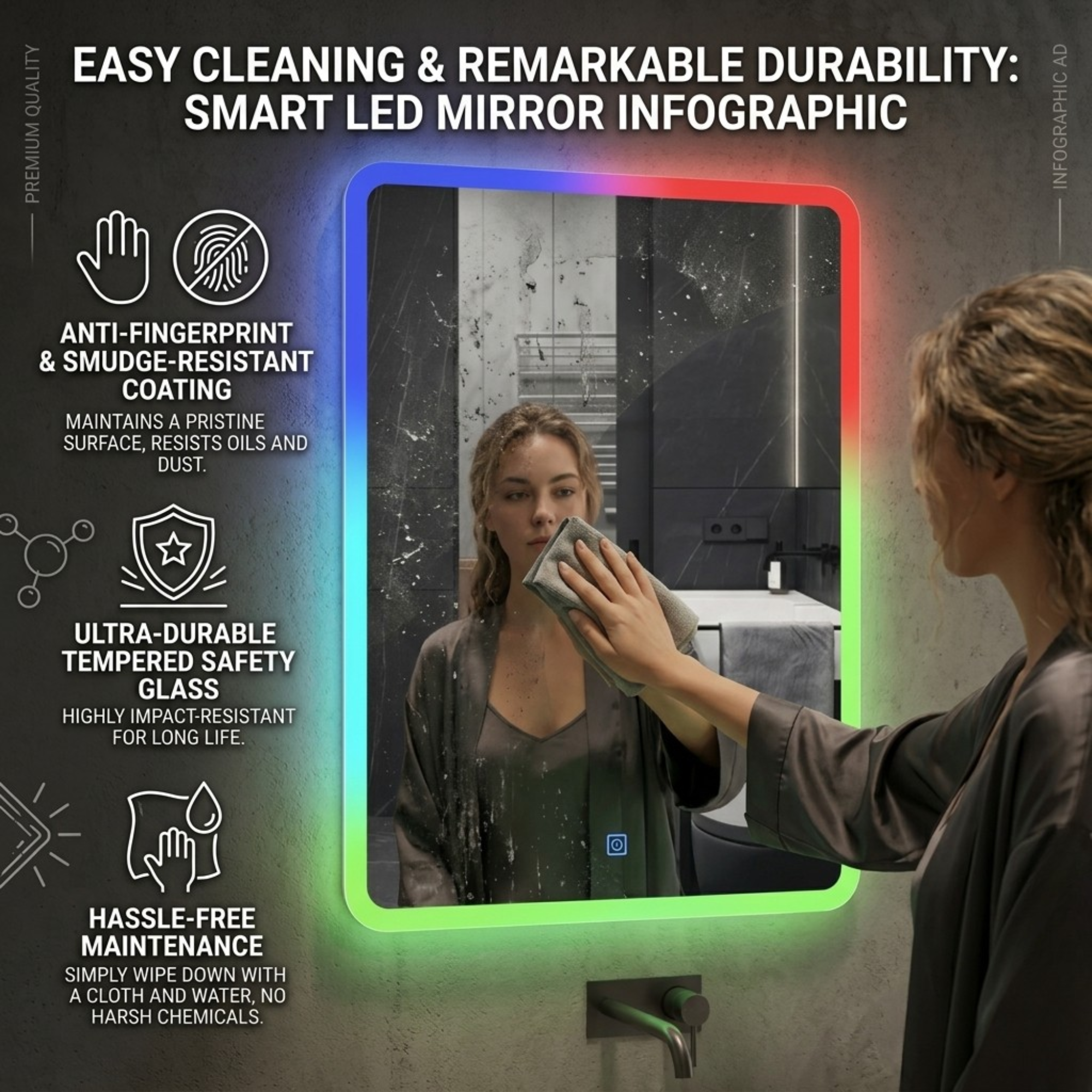 Arko Bathroom Mirror with RGB Lights 500x700mm - Wall Mounted Vanity Mirror