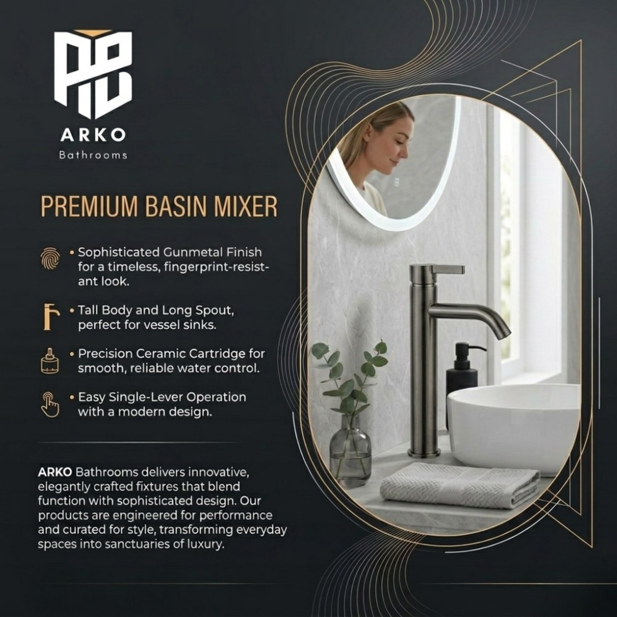 Arlo Round Tall Basin Mixer Tap Gunmetal