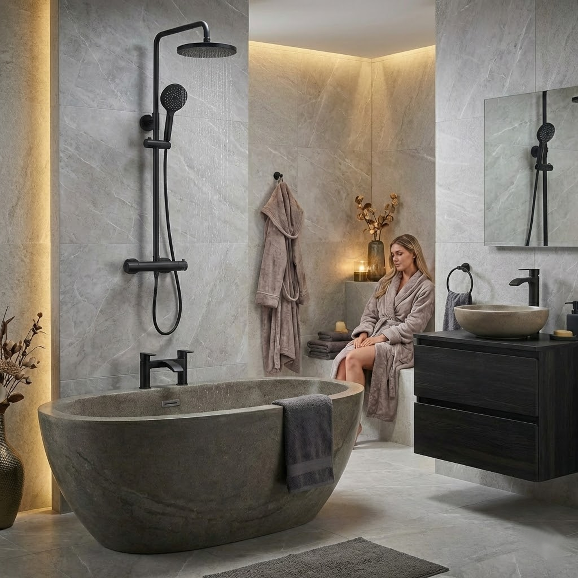ARKO Capri Basin Mixer Tap, Bath Filler & Thermostatic Mixer Shower Set with Bath Waste – Black