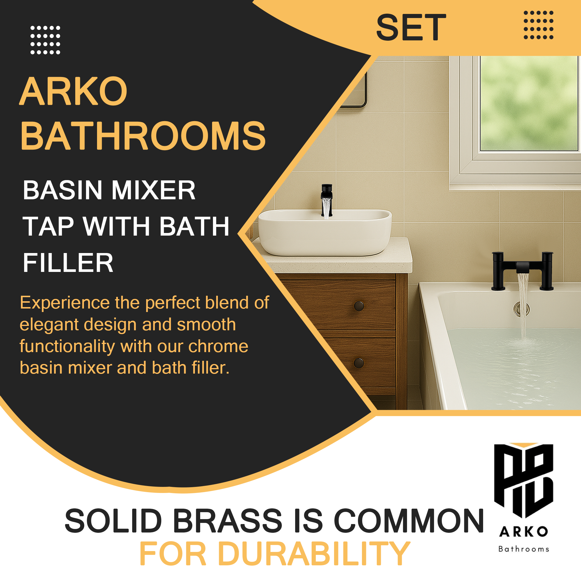 ARKO Capri Bath Tap and Basin Mixer Tap Set - Black